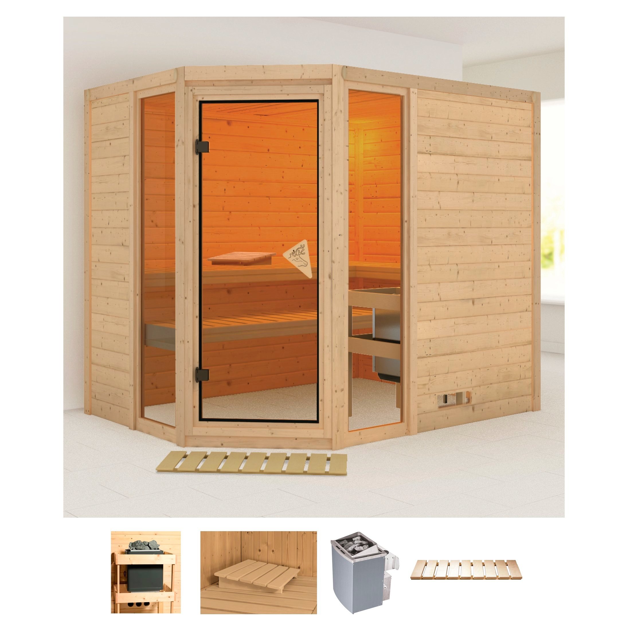 Karibu Sauna »Sina 3«, (Set), 9-kW-Ofen mit integrierter Steuerung