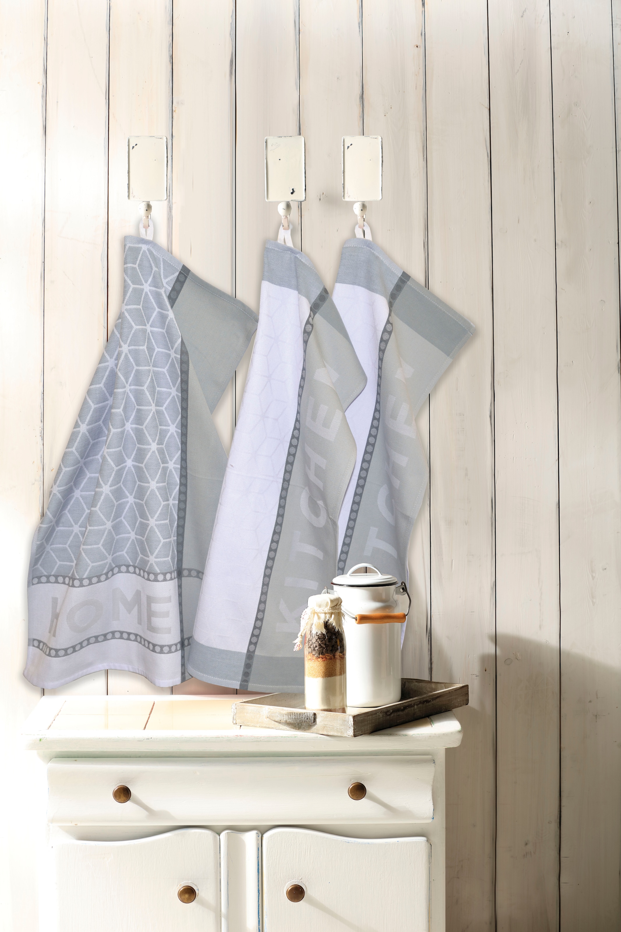 Dyckhoff Geschirrtuch »HOME & KITCHEN, Maße je Tuch ca. 50x70 cm, aus 100% Baumwolle«, (Set, 3 tlg.), mit zwei verschiedenen Motiven