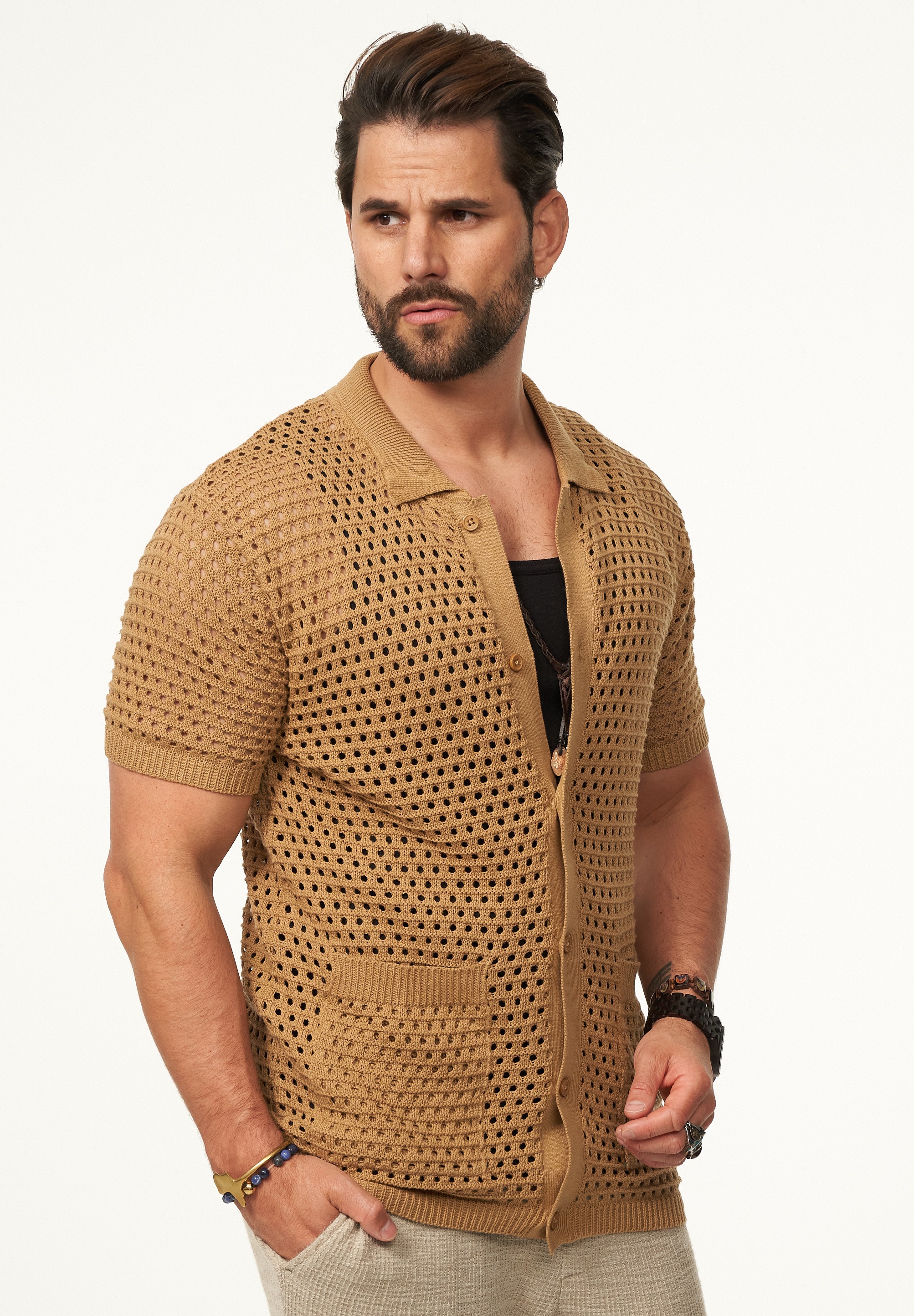SOULSTAR Poloshirt »Kurzarm Strickhemd im Cardigan Stil mit Knopfleiste für Herren« Herren Kurzarm Strick Polo-Hemd Cardigan T-Shirt