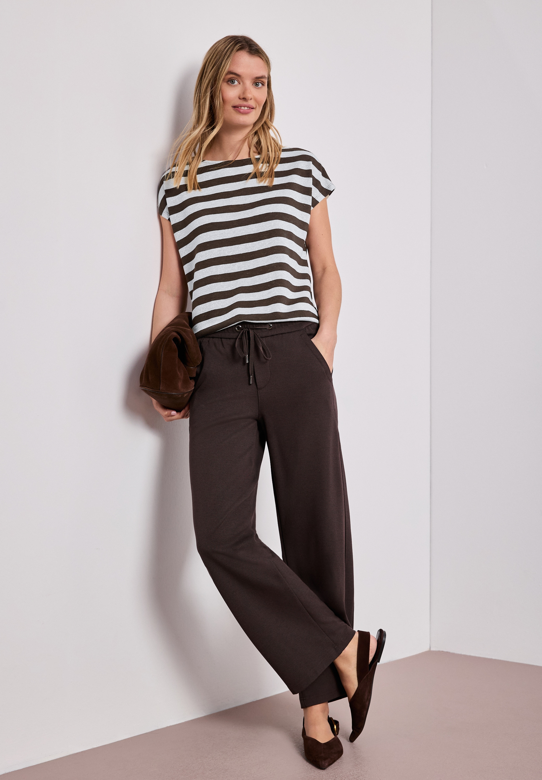STREET ONE Shirttop Streifenmuster mit Glitzerdetails, seitliche Schlitze