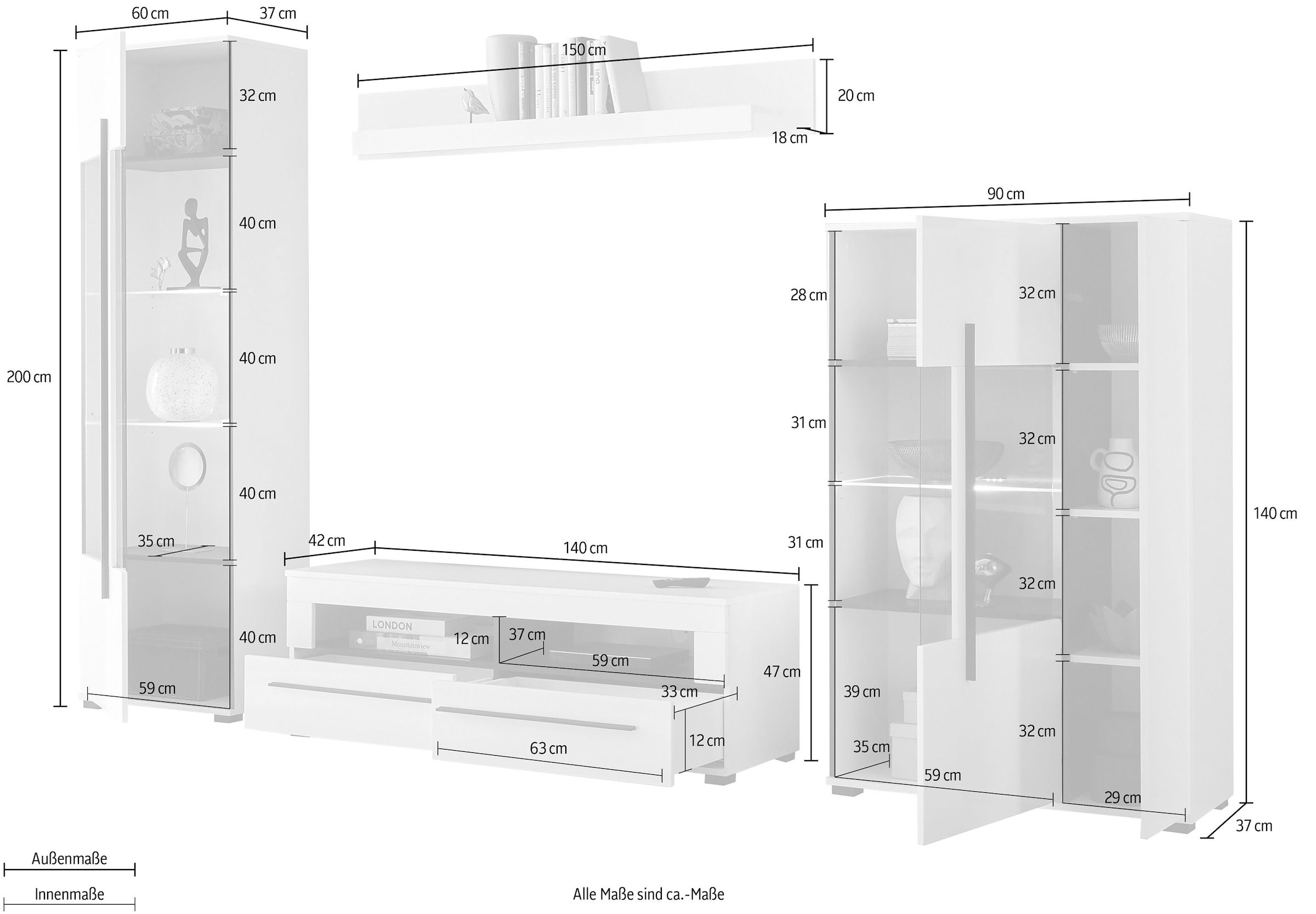 INOSIGN Wohnwand »Cantara, moderne Anbauwand, Wohnzimmer-Set, in Eiche Evoke oder Weiß«, (Set), enthält zwei Vitrinen, ein Lowboard und ein Wandboard