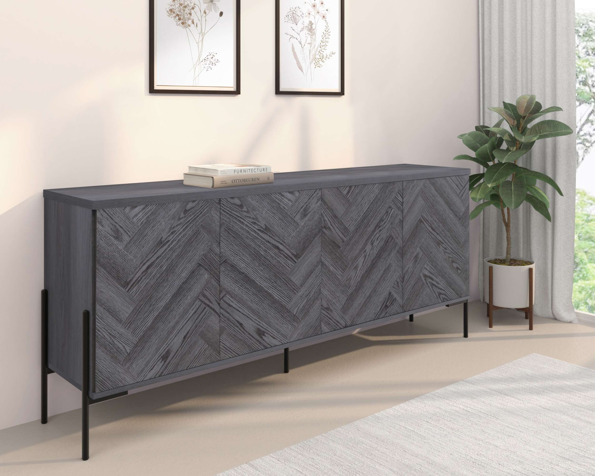 Leonique Sideboard »Eadwine« Kommode, Push-to-open, Türen mit Fischgräten Muster, Breite 175 cm
