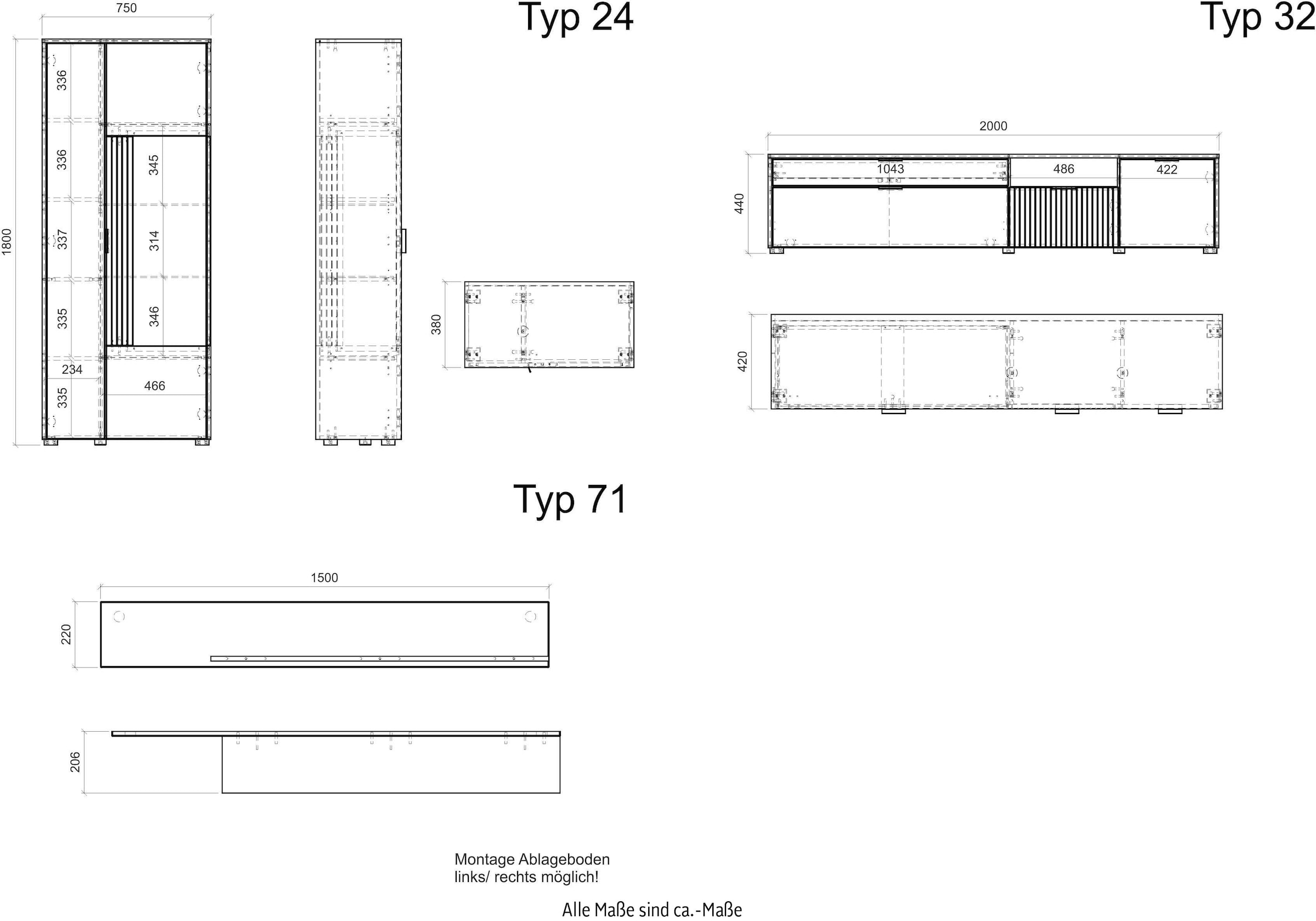 INOSIGN Wohnwand »HUDSON«, (Set, 3 St.), mit moderner Rillenoptik, Griffe aus Metall (Schwarz), Breite 285 cm