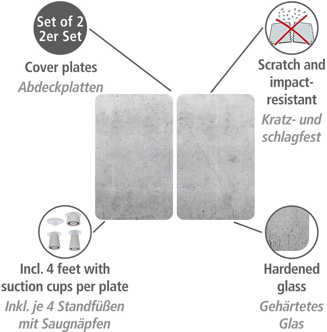 WENKO Herd-Abdeckplatte »Universal Modell XL Beton«, (2 tlg., 2er Set), Herdabdeckung für alle Herdarten, kratzfest, mit rutschfesten Füßen