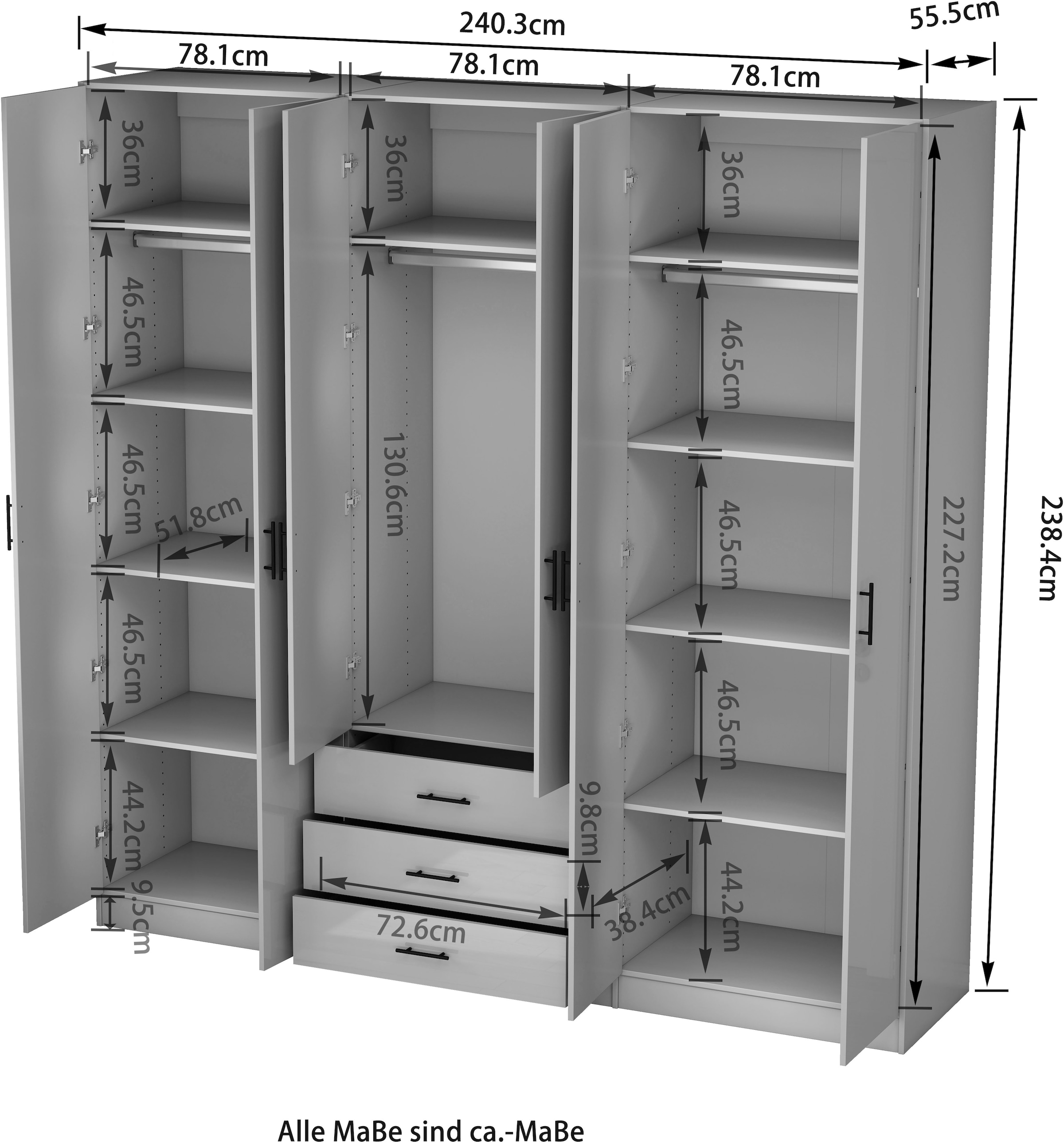 OTTO home Kleiderschrank »Trento Schlafzimmerschrank Garderobe hochglanz« in 2 unterschiedlichen Schrankhöhen wählbar,  Schrank mit 6 Türen und 3 Schubladen, hochglanz Fronten, Höhe 2,39m