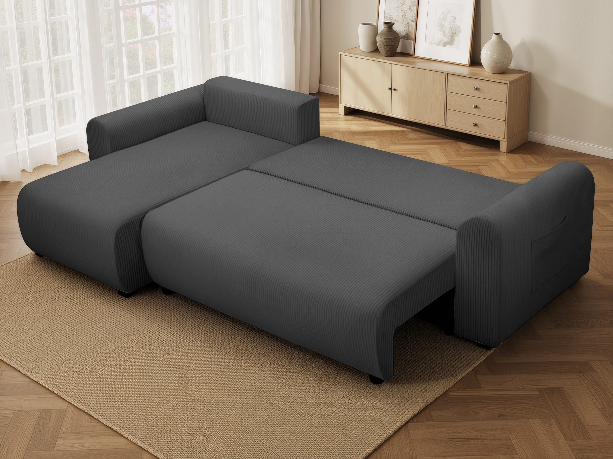 OTTO home Ecksofa »JONAA Cord L-Form, 241cm. OTTO. Verlässliche Qualität« Tonnentaschen-Federkern, Bettkasten, Schlafsofa (133/200)