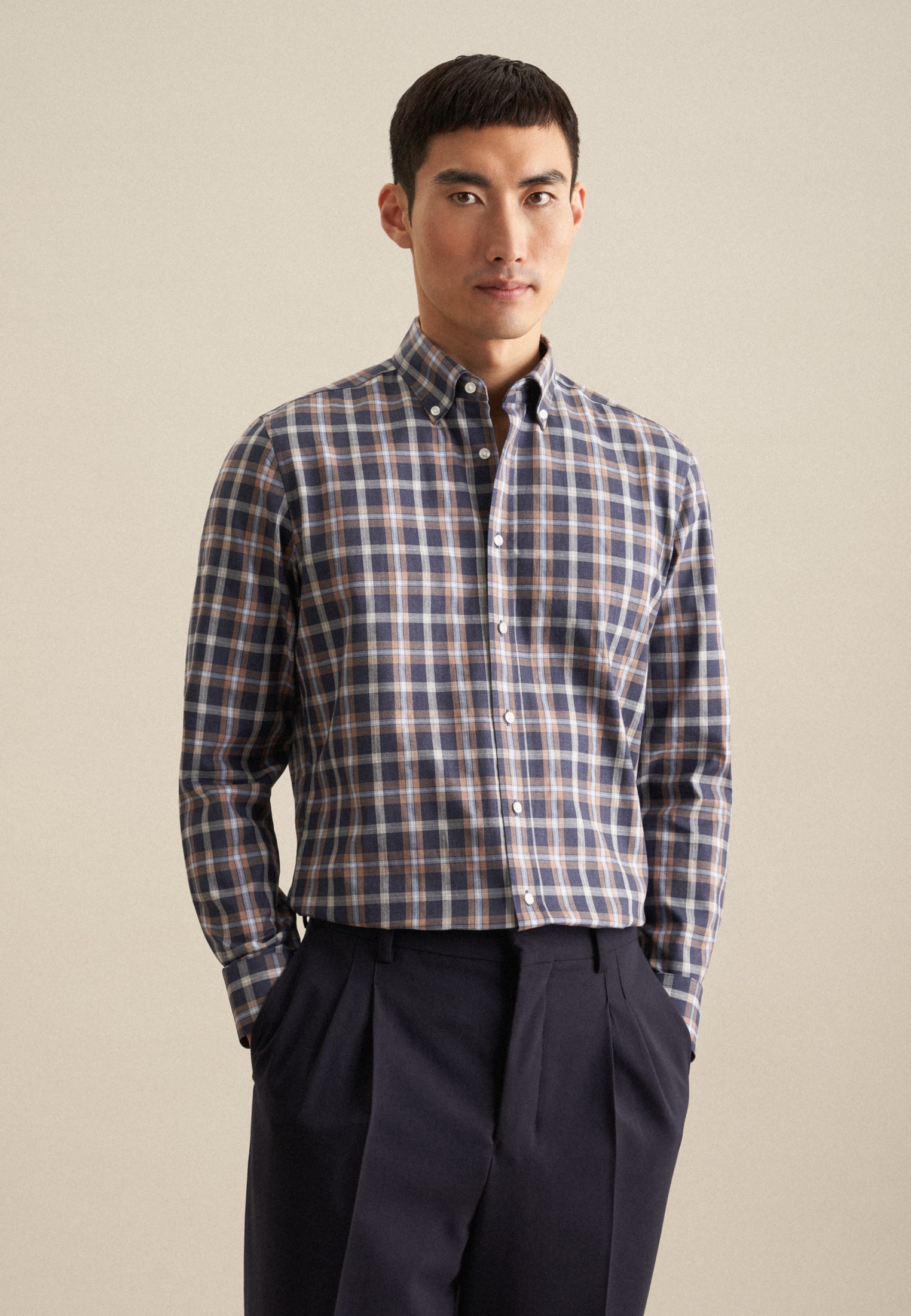 Flanellhemd »Shaped«, Shaped Langarm Button-Down-Kragen Karo