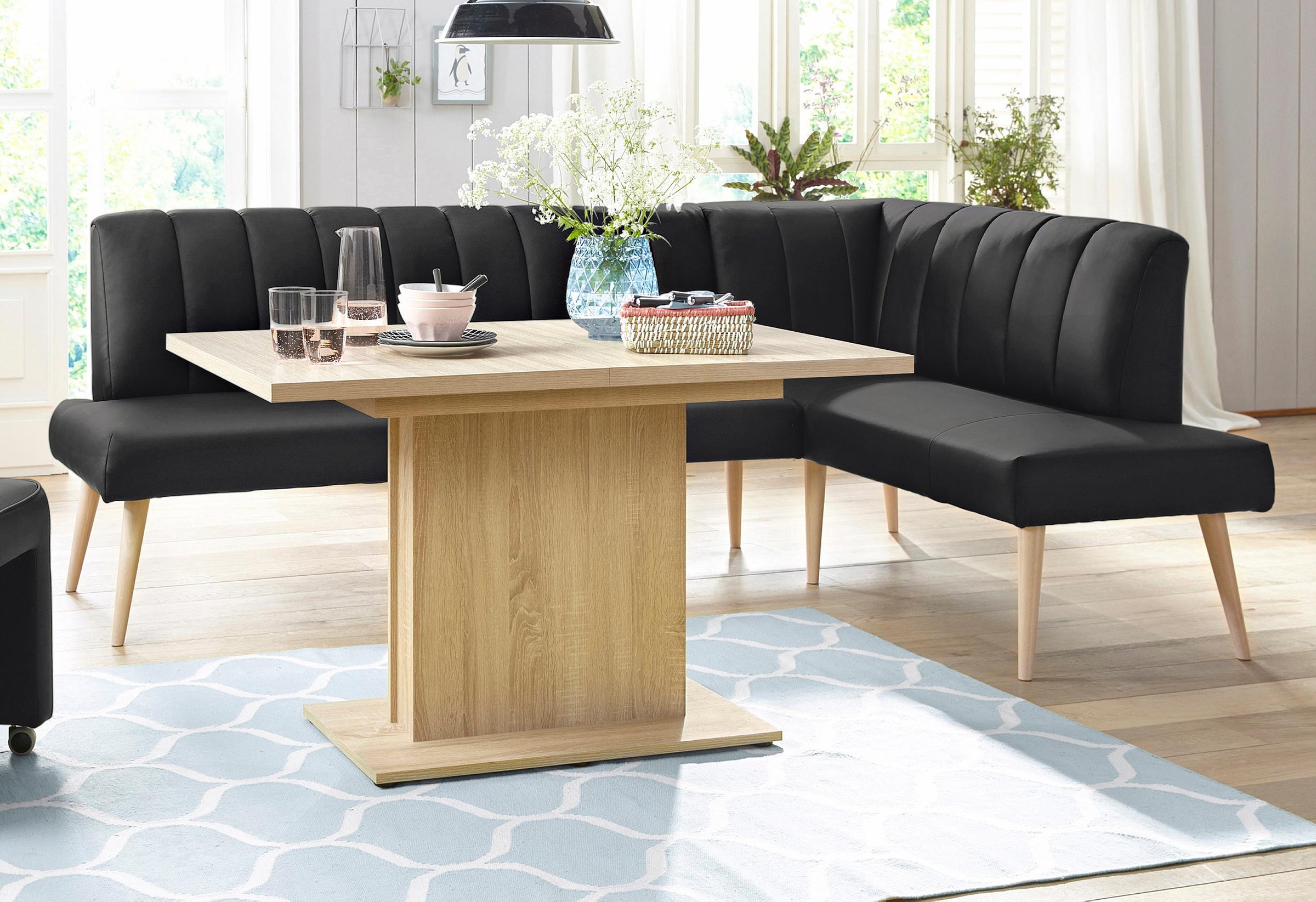 exxpo - sofa fashion Eckbank »Costa, moderne Rückensteppung, bequem und elegant, hoher Holzfuß«, hochwertig verarbeitet, Frei im Raum stellbar