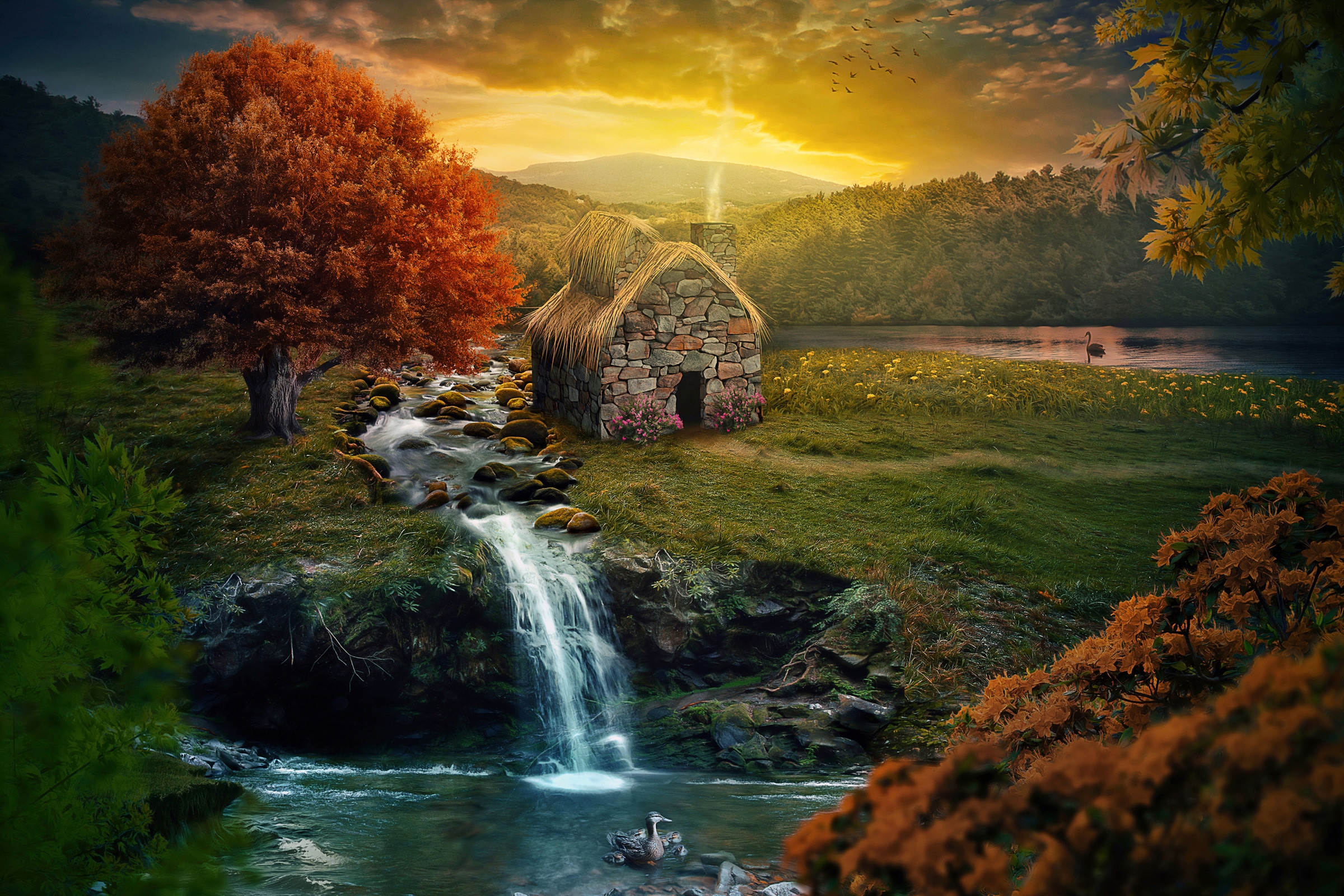 Papermoon Fototapete »NATUR-IDYLLE-RUHIG BERGE WASSERFALL FLUSS BACH HERBST« in bunt, Größe B/L: 3,5 m m x 2,6 m m