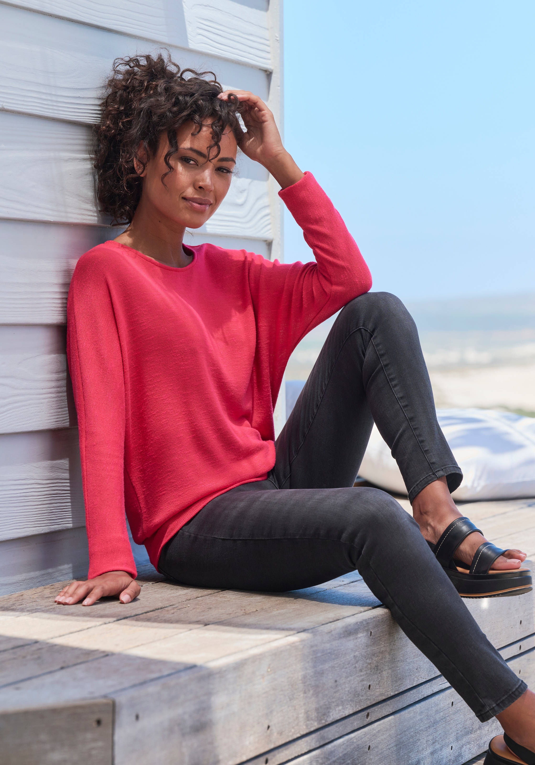 Vivance Langarmshirt »mit breitem Bund« aus strukturiertem Feinstrick mit Viskose