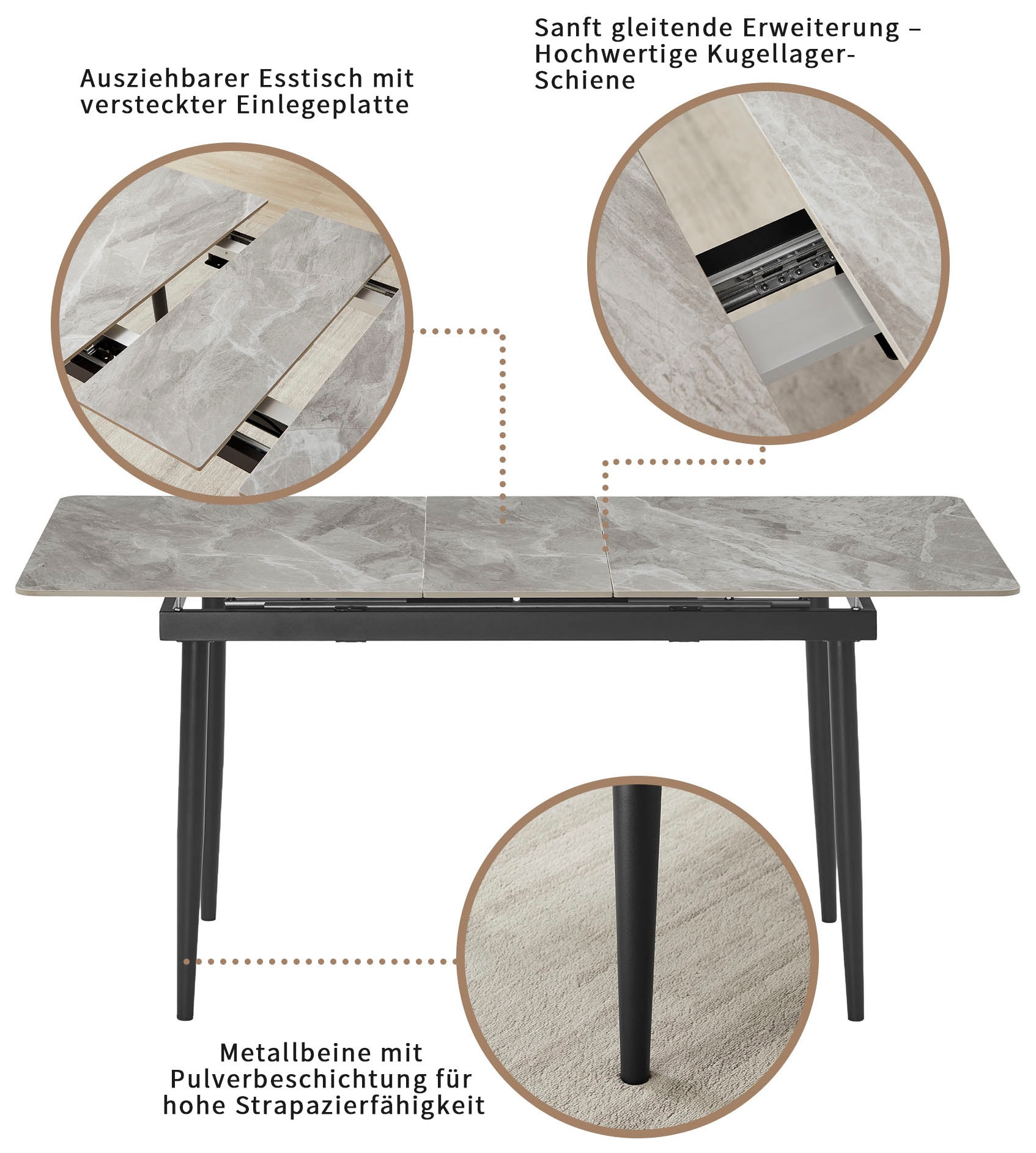 OTTO home Eckbankgruppe »Stevian« Set, 1 ausziehbarer Esstisch + 1 Eckbank Recamiere links + 2 Stühle, 4 Stk. tlg. Holz, Strukturstoffbezug, Freischwingerstühle, gesteppten Bänken