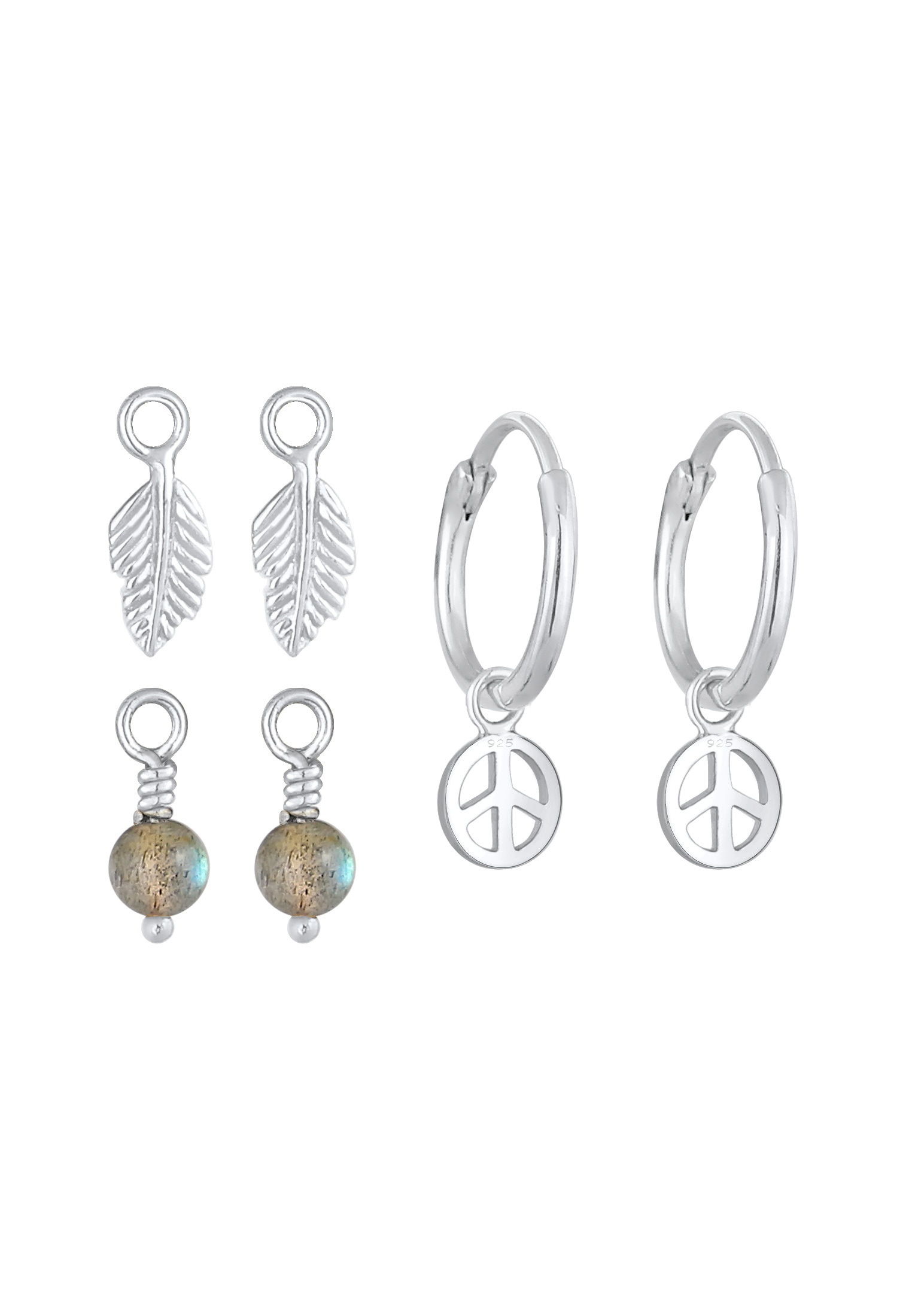 Elli Ohrstecker-Set »Ohrringe Creolen 3-Set Peace Feder Labradorit 925 Silber«