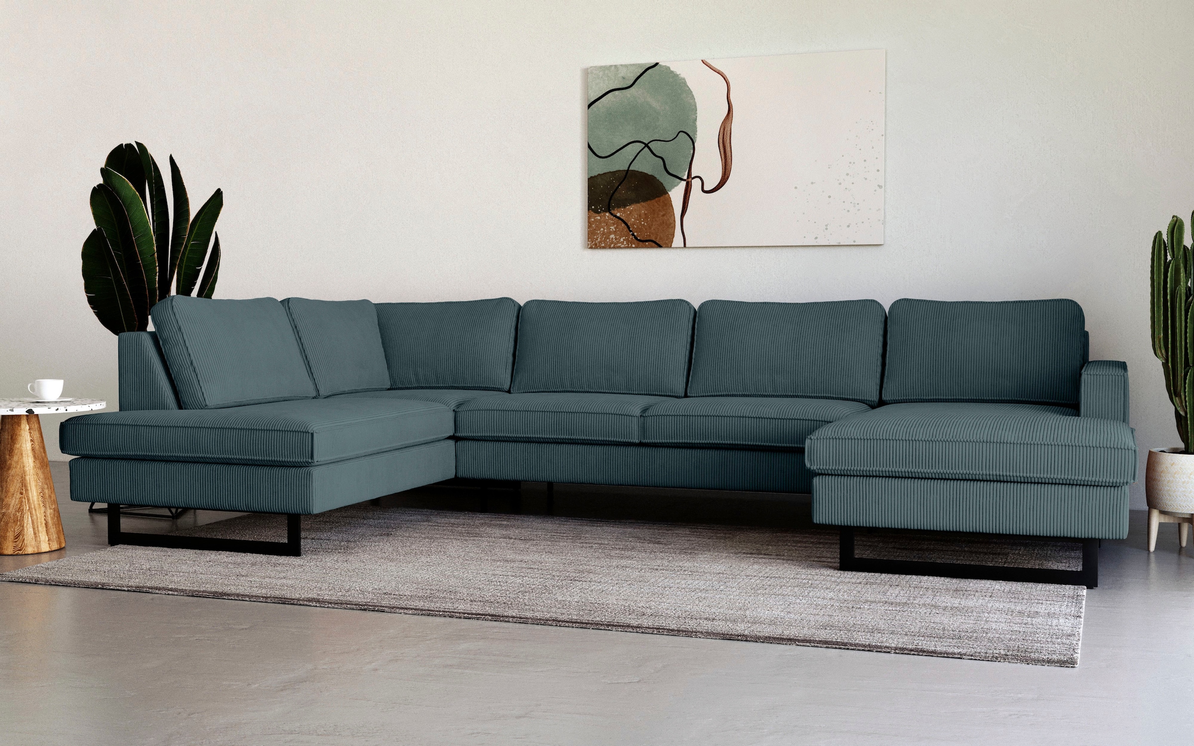 Home affaire Wohnlandschaft »Pinto, 350 cm, U-Form, XXL, mit Ottomanen« Cord, Chenille, Lederoptik, mit Keder, Metallfüße, Wellenunterfederung