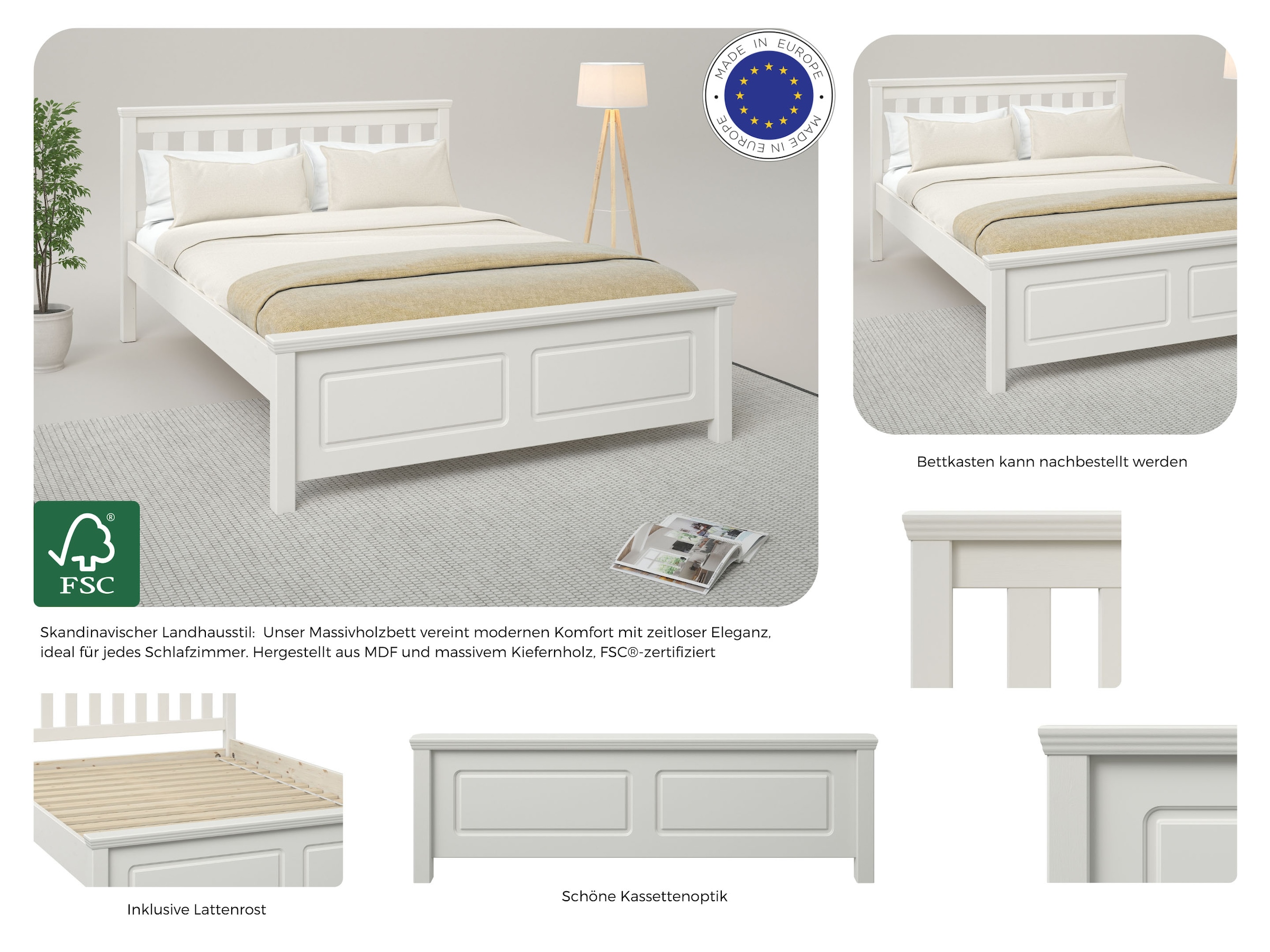 Home affaire Bett »Fredegard, skandinavischer Stil, vielseitig kombinierbar, 2 Breiten« 180er oder 140er Breite,  teilmassiv, Sprossen am Kopfteil, mit Lattenrost, Kassettenoptik