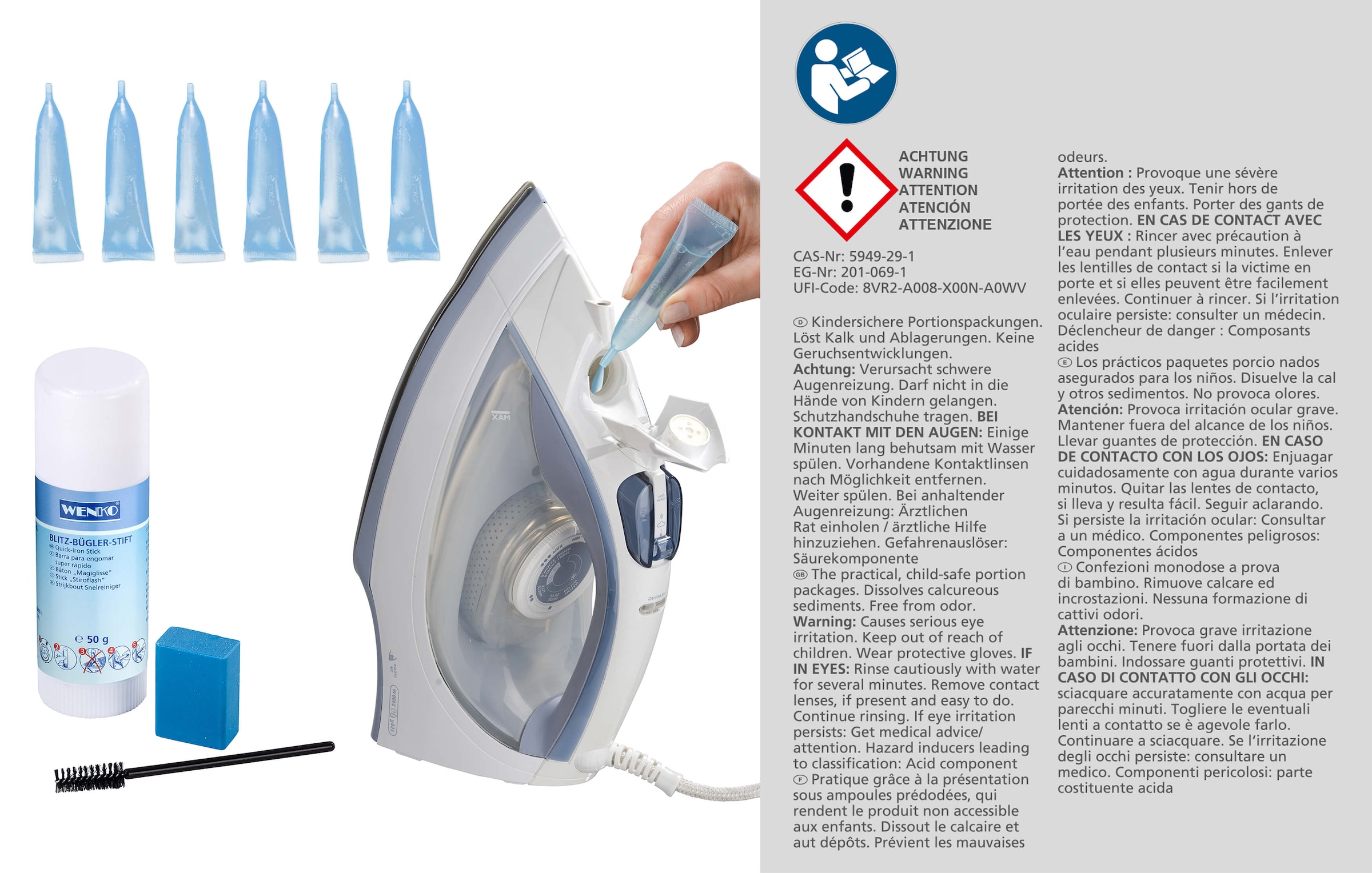 WENKO Reinigungs-Set »Bügeleisenreinigungsset«, (Set, 9 St.), Radiergummi, Blitzbügler-Stift, Spezial-Bürste und Entkalker