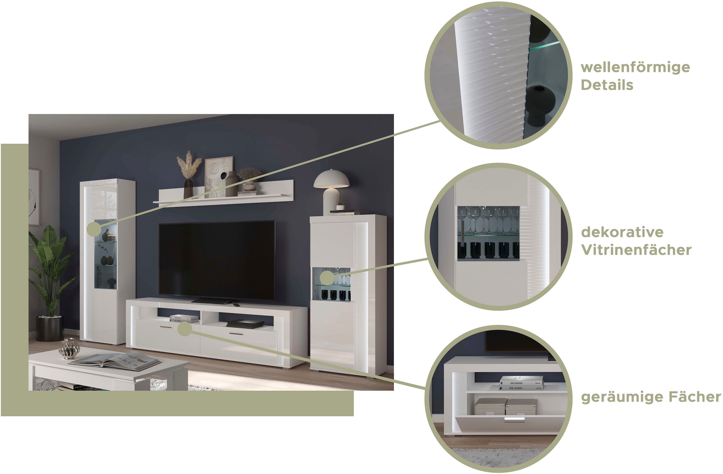 INOSIGN Wohnwand »Viborg, 4-teiliges Set, inkl. vertikaler Frontbeleuchtung, best. aus:«, (4 St.), 2x Vitrine, 1 Lowboard & 1x Wandboard, Wohnkombination, Wohn-Set