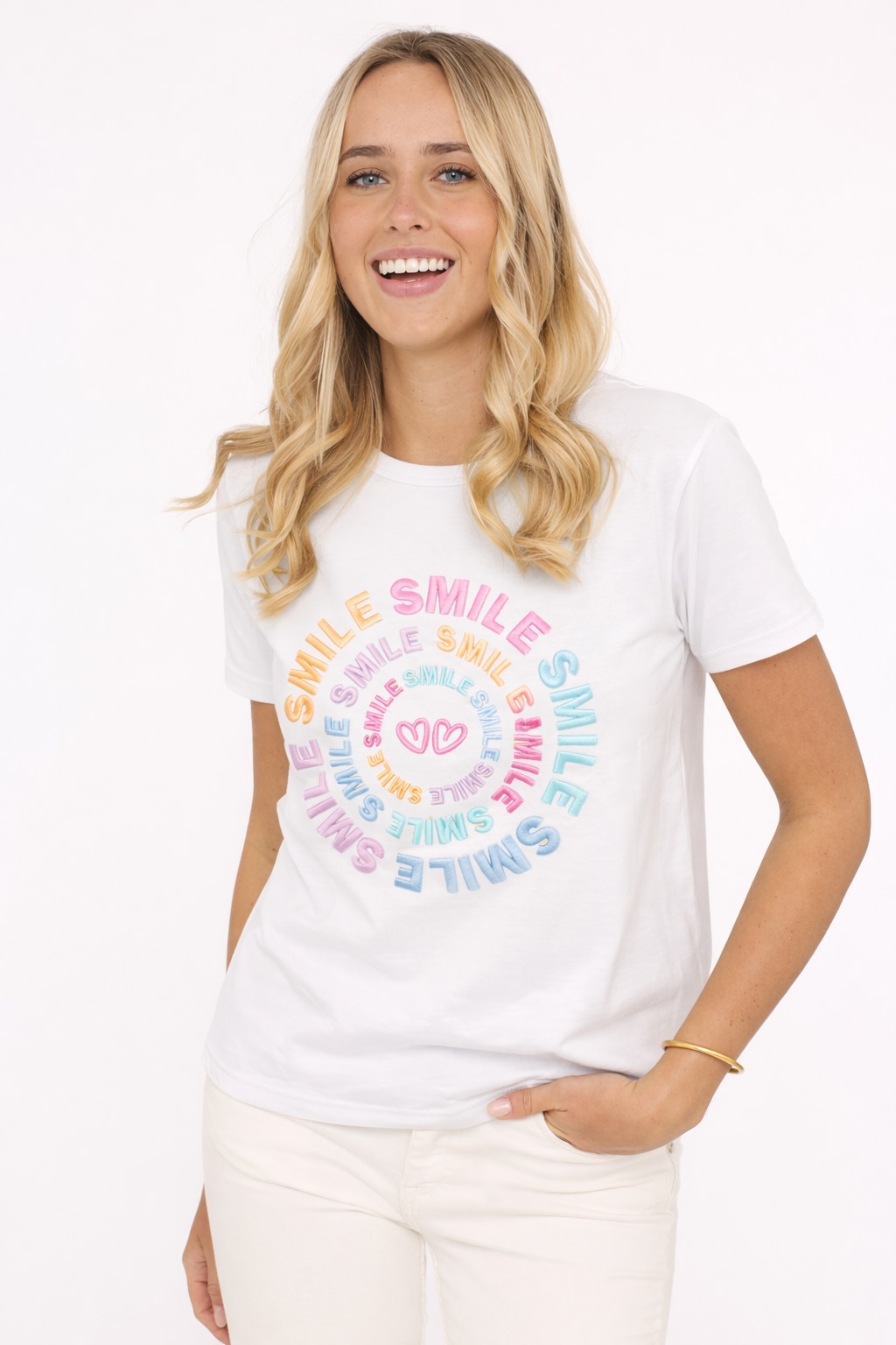 Zwillingsherz T-Shirt »"Smile"« Farbenfrohe runde Stickerei, Rundhals, kurzarm