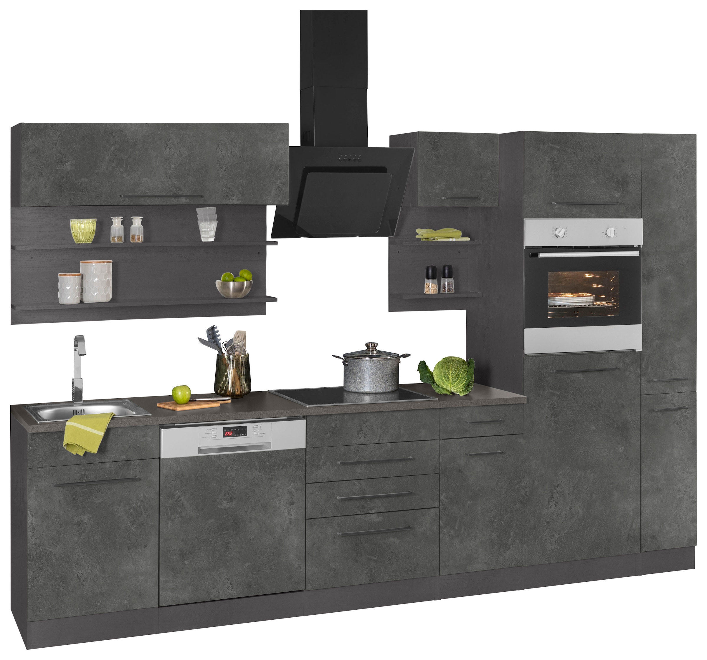 KOCHSTATION Küchenzeile »KS-Tulsa«, ohne E-Geräte, Breite 300 cm, schwarze Metallgriffe, MDF Fronten