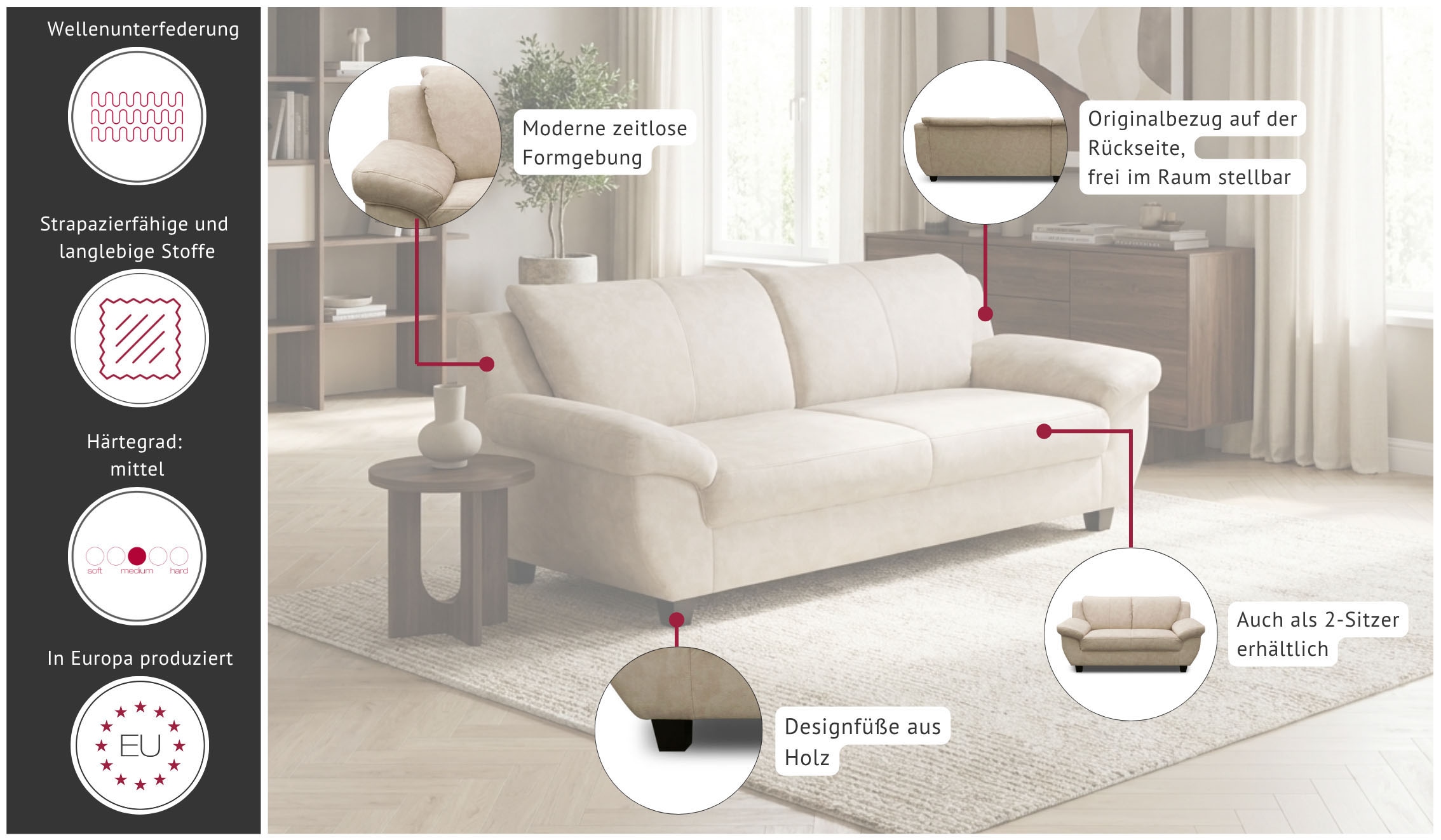 OTTO home 3-Sitzer »Silkeborg 207 cm, formschönes Sofa mit dunklen Füßen« aus pflegeleichtem, weichem Luxus-Microfaser