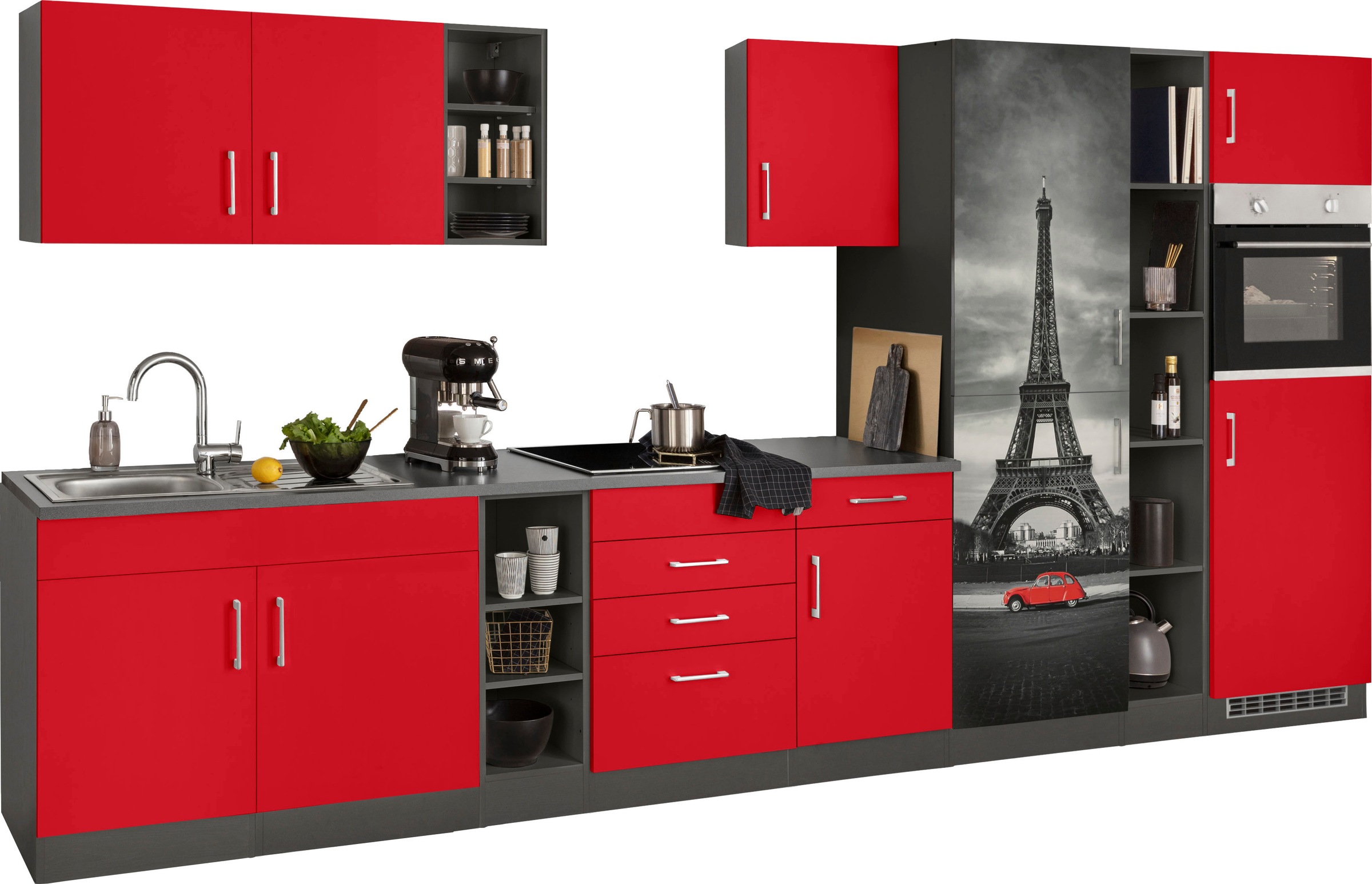 KOCHSTATION Küchenzeile »KS-Paris – Küchen mit einzigartigen Fotomotiven auf den Fronten« Breite 390 cm, wahlweise mit E-Geräten und Induktion