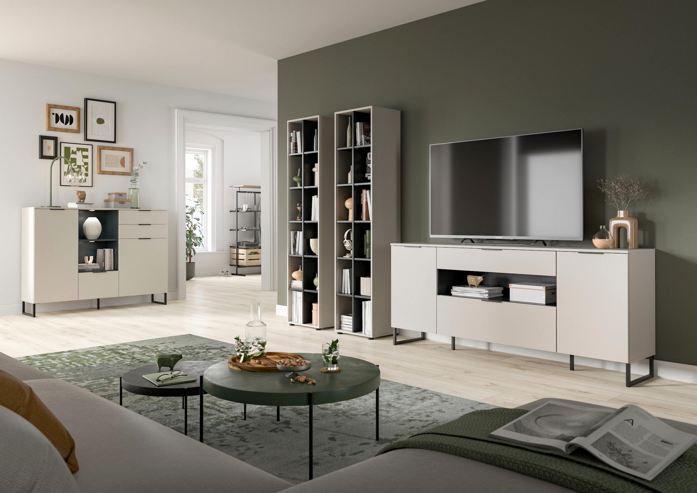 INOSIGN Wohnwand »ADIO, Breite 305 cm, 3-teiliges Set, mit Metall-Kufenfüße« Set, bestehend aus: 2x Standregal und Sideboard, 3 Stk. tlg.