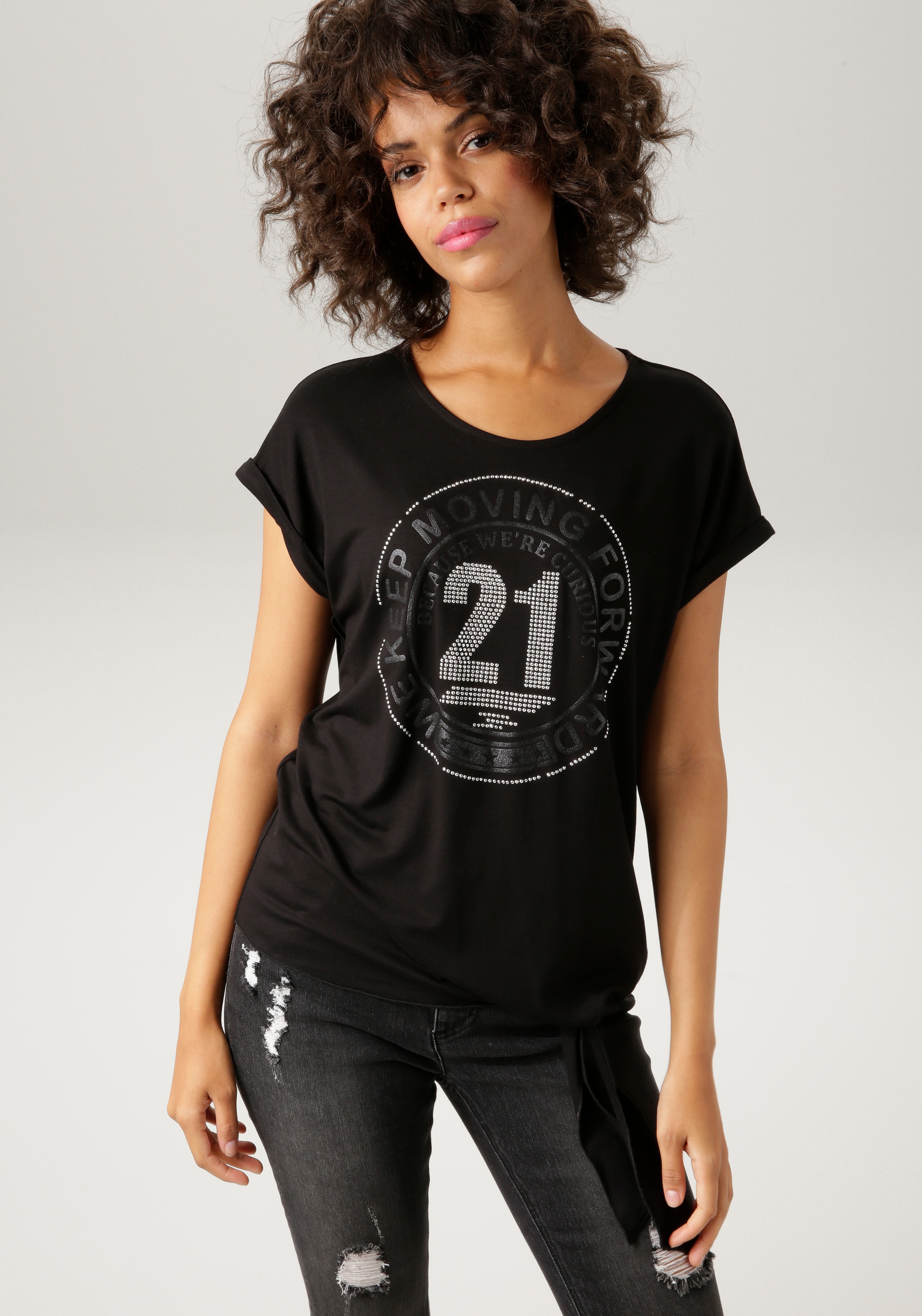 im bestellen T-Shirt, OTTO Online und Aniston silberfarbenen mit Frontdruck Glitzersteinchen CASUAL Shop