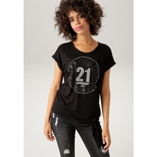 T-Shirt, bestellen Glitzersteinchen im OTTO mit und Frontdruck CASUAL Shop silberfarbenen Aniston Online
