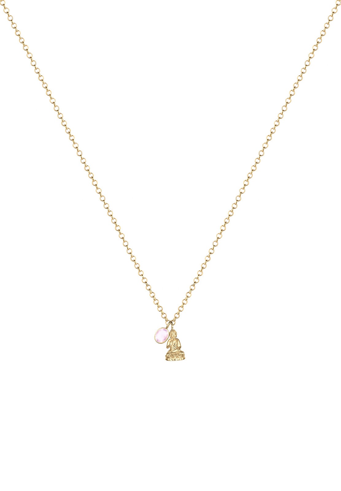 Elli Premium Lange Kette »Halskette Buddha Solitär Quarz Rose 925 Sterling Silber vergoldet«