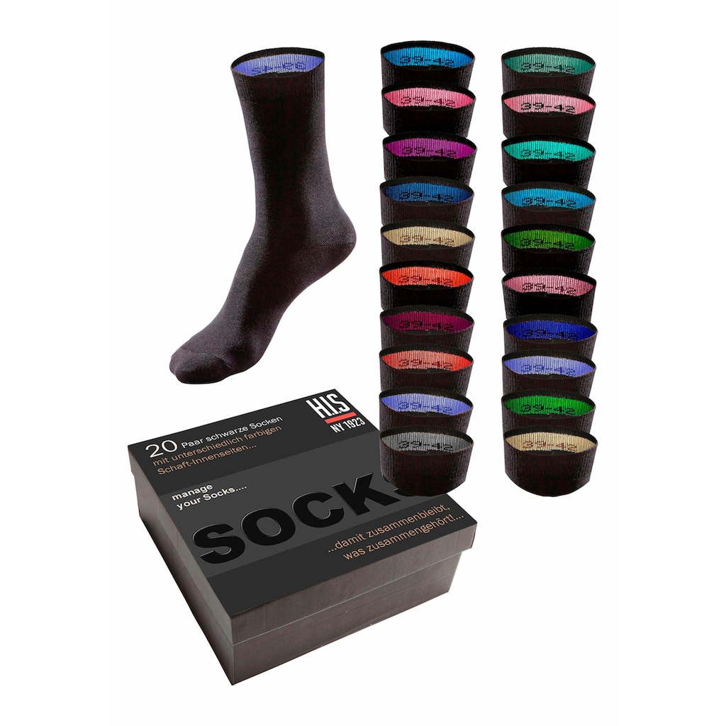 H.I.S Socken, (Box, 20 Paar), mit farbigen Innenbündchen