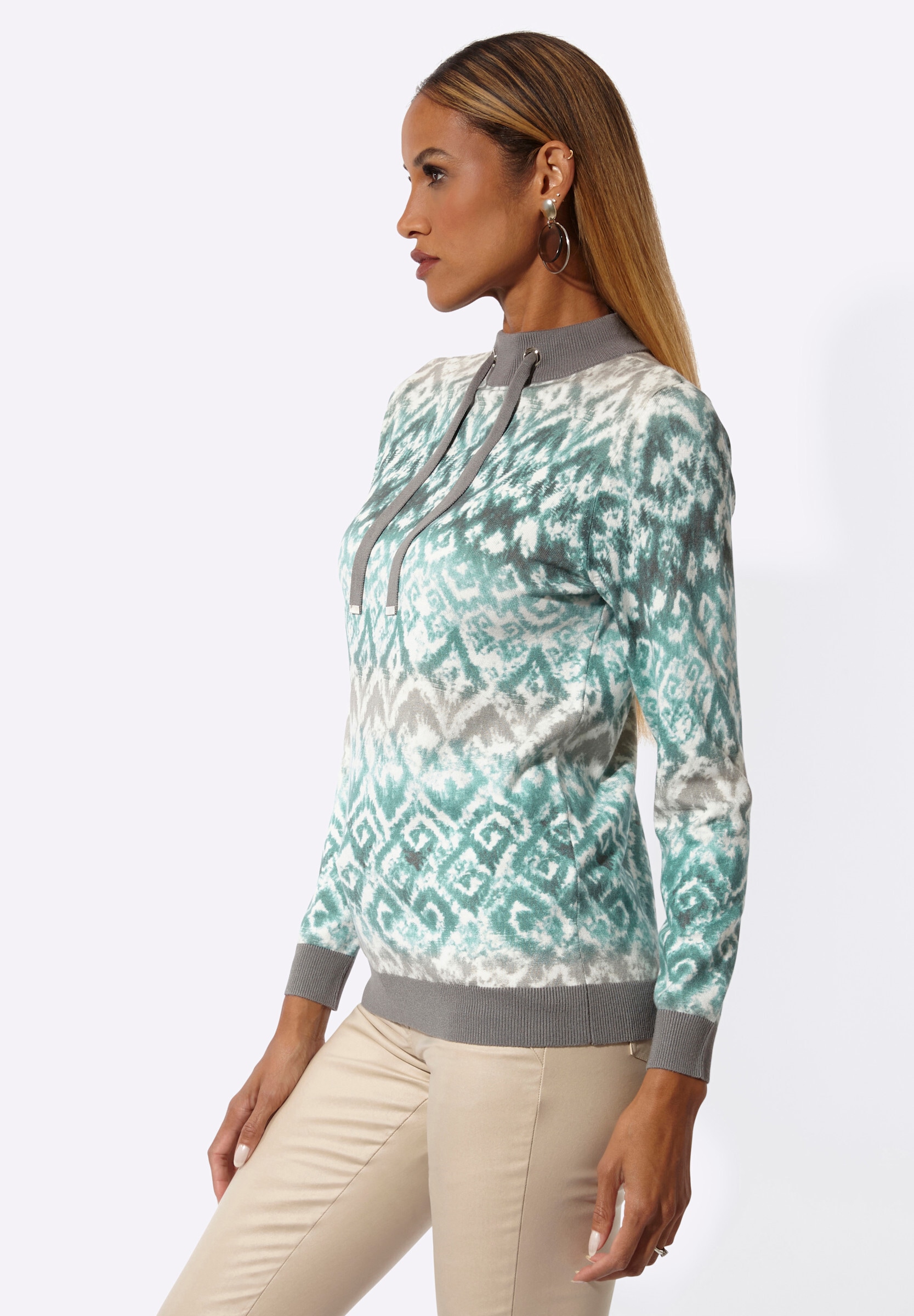 creation L Strickpullover »Druck-Pullover Stehkragenpullover mit Bindebändern«