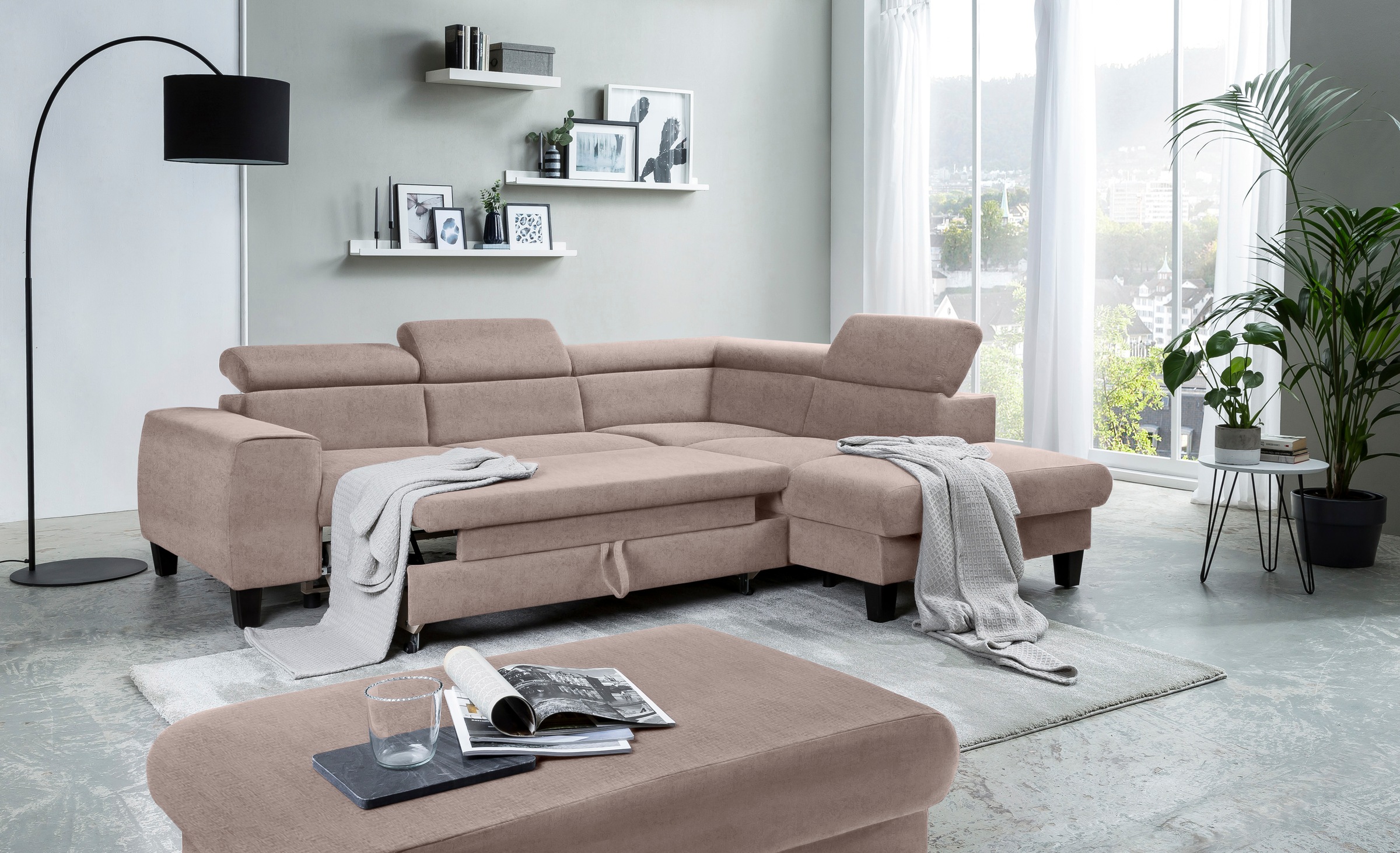 COTTA Ecksofa »Morven L-Form mit Kopfteilverstellung«, wahlweise mit Bettfunktion, Bettkasten & Wireless-Charger