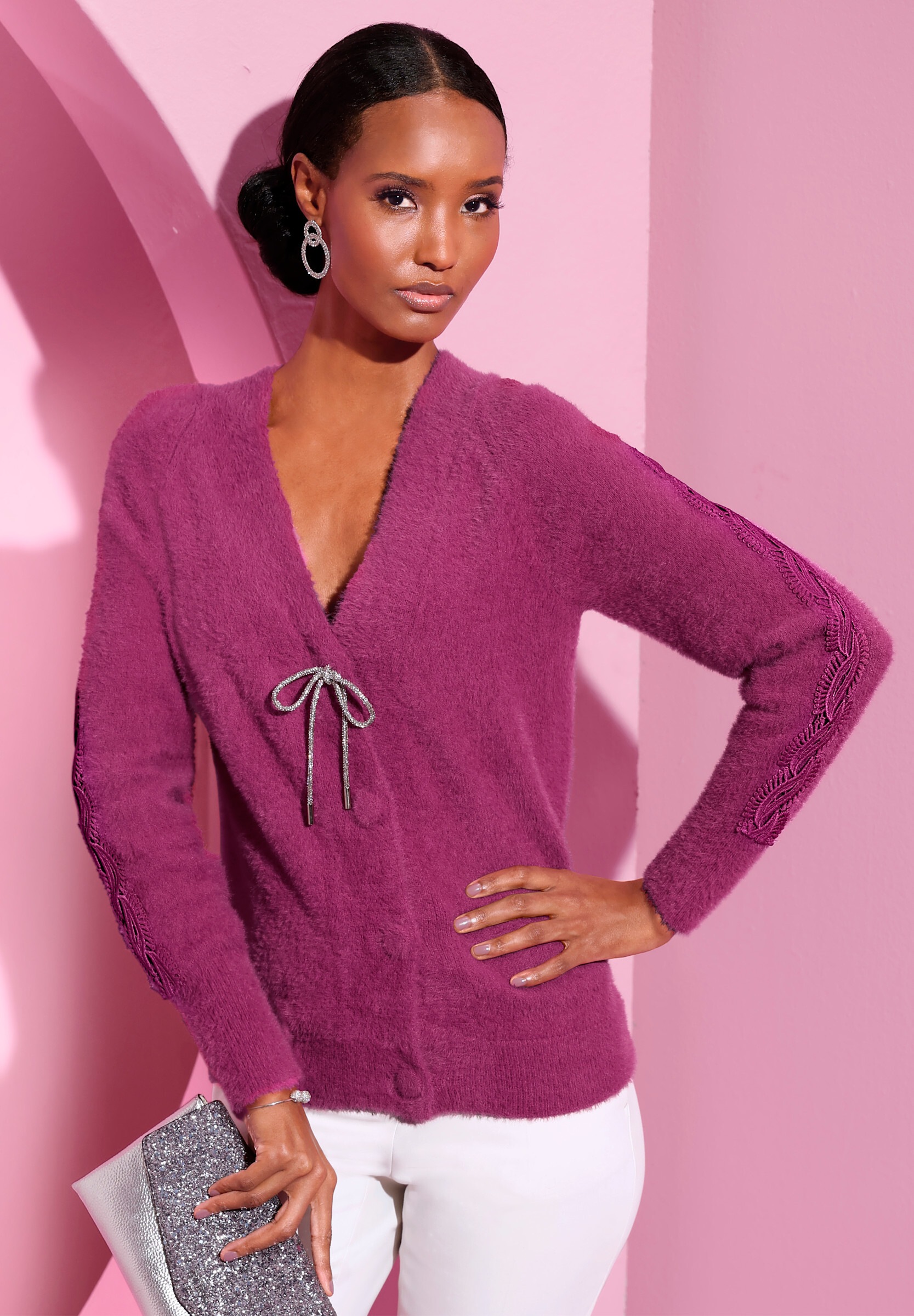 creation L Strickjacke »Strickjacke Feinstrickjacke mit Spitzenband in Flecht-Optik«