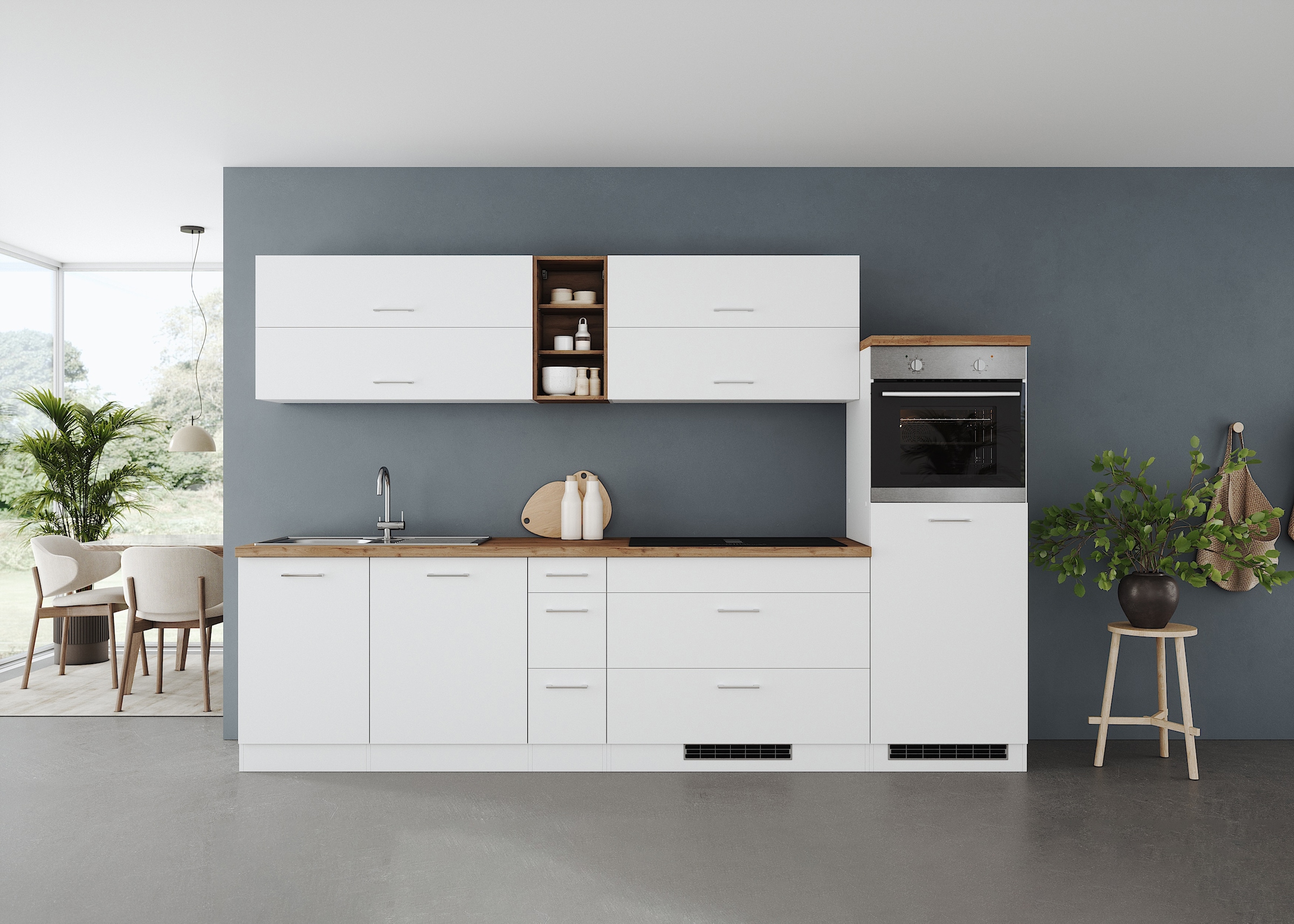 KOCHSTATION Küchenzeile »KS-Milan, optional mit Muldenlüfter« Breite 300 cm, wahlweise mit E-Geräten, Kochfeld mit Dunstabzug