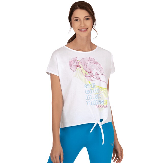 Trigema T-Shirt »TRIGEMA Damen Shirt mit Motiv und seitlichem Knoten«  online bei OTTO