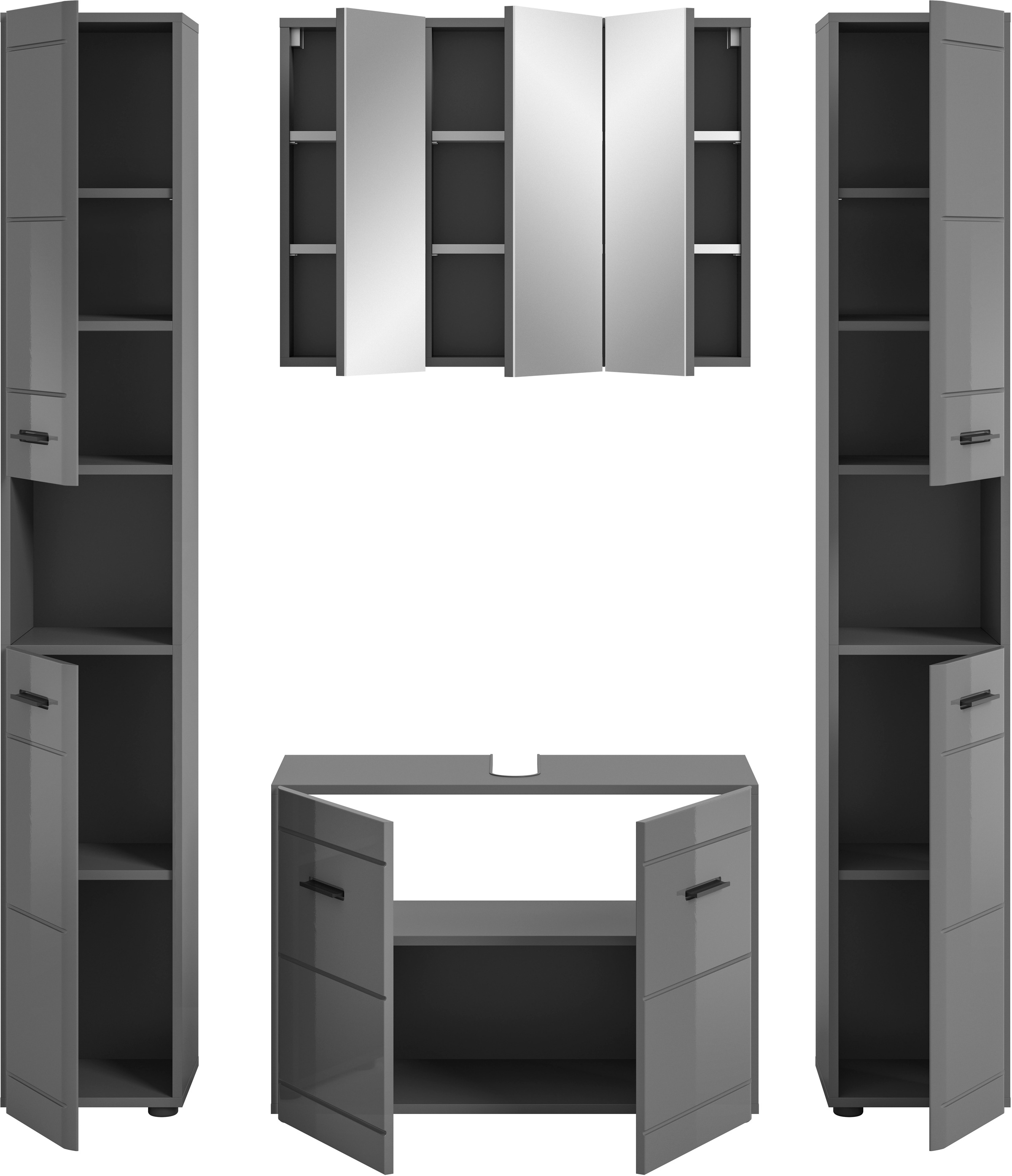 welltime Badmöbel-Set »Doux, bestehend aus: 2x Hochschrank, Waschbeckenunterschrank,«, (4 St.), Spiegelschrank, hochwertige hochglanz MDF Front mit Rillenfräsung