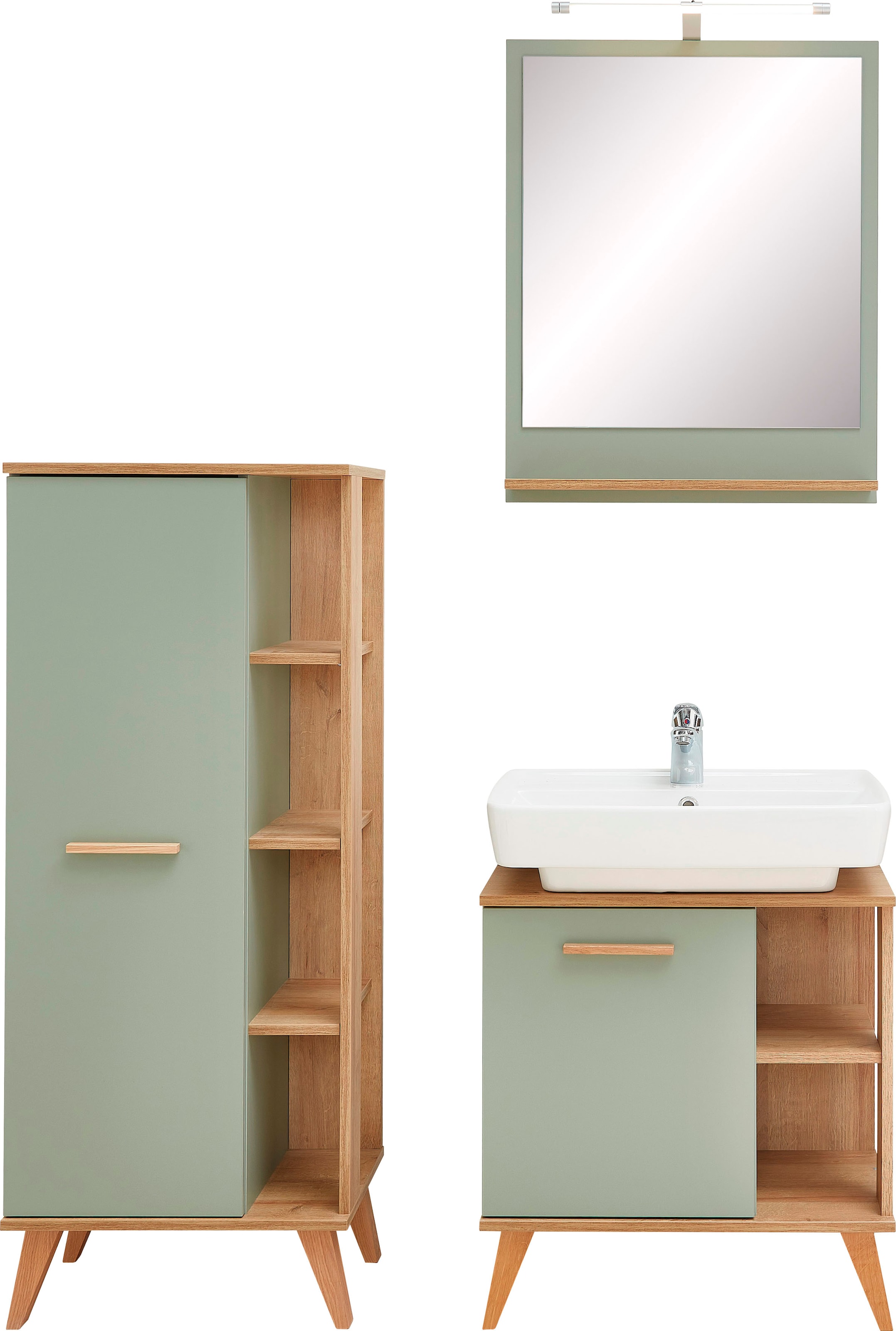 Saphir Badmöbel-Set »Quickset 3-teilig, Waschbeckenunterschrank mit LED-Spiegel«, (3 St.), Midischrank, inkl. Türdämpfer, 2 Türen, 3 Glas-Einlegeböden, Bad-Set