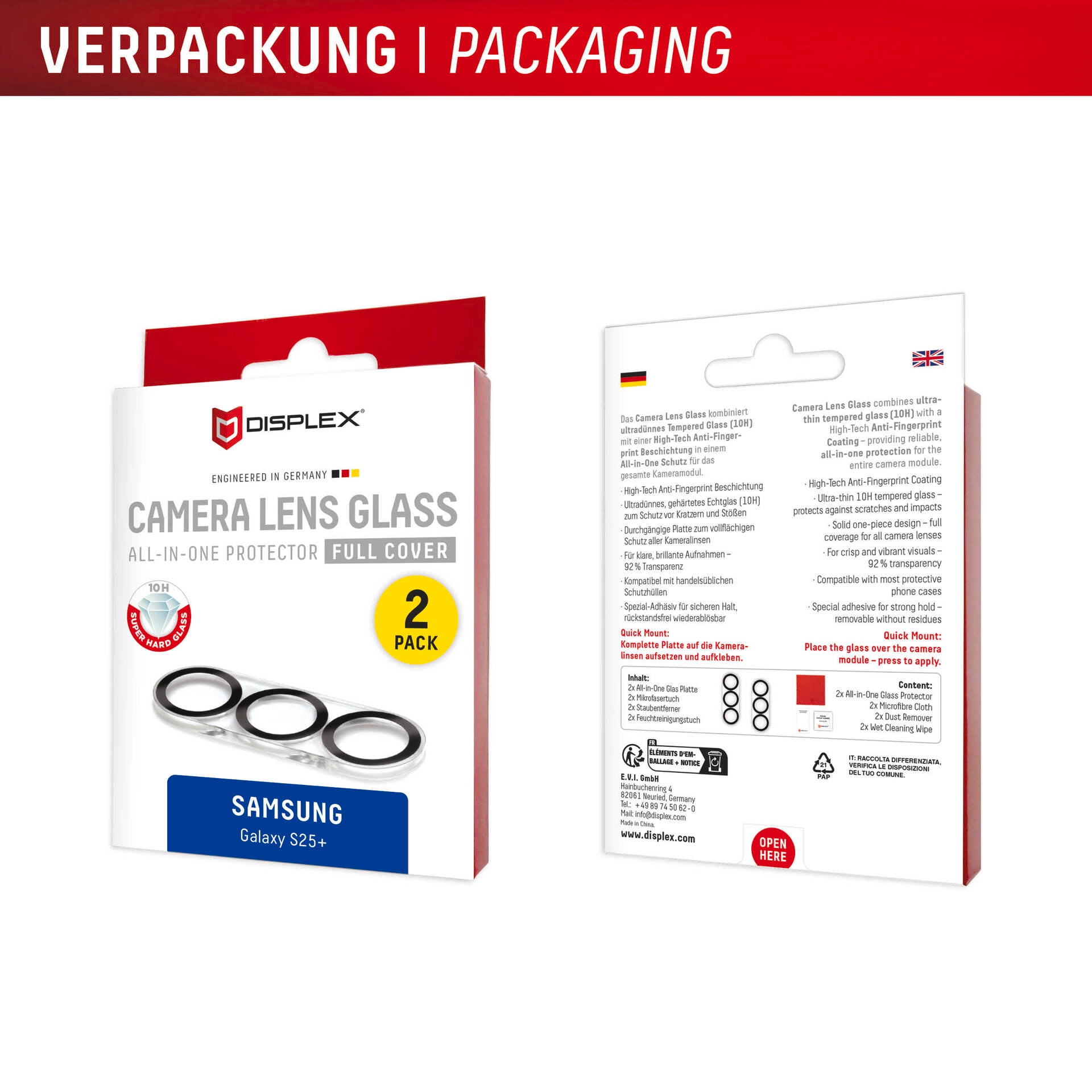 Displex Kameraschutzglas »Camera Lens Glass All-In-One Protector Full Cover«, für Samsung Galaxy S25+, (Packung, 2x All-In-One Glas), Objektivschutz, Kameraschutz, kratz- & stoßfest