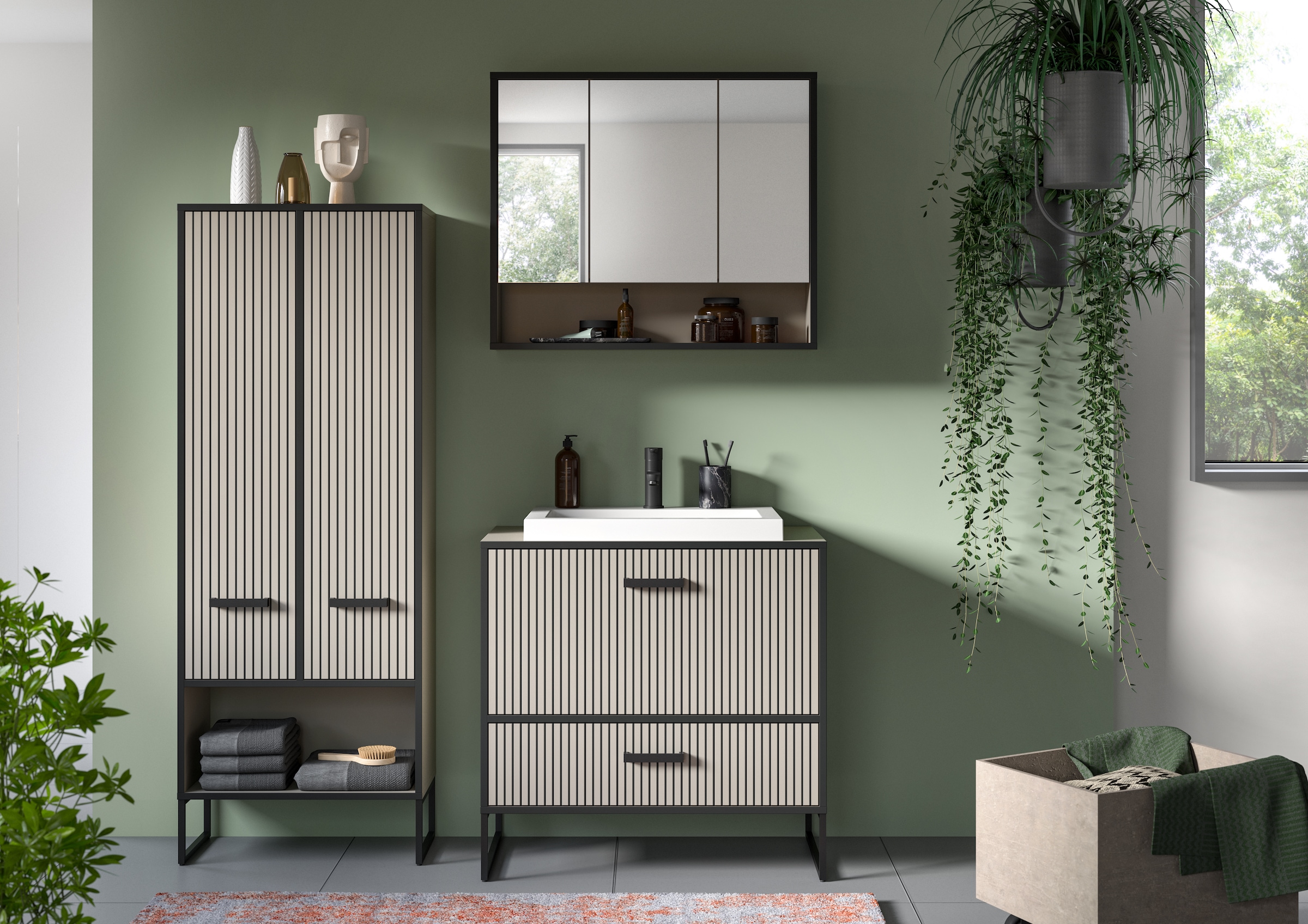 welltime Badmöbel-Set »Locri, Breite 154 cm, Rillenoptik, Metallkufen«, (3 St.), best. aus: Hochschrank, Spiegelschrank, Waschtisch