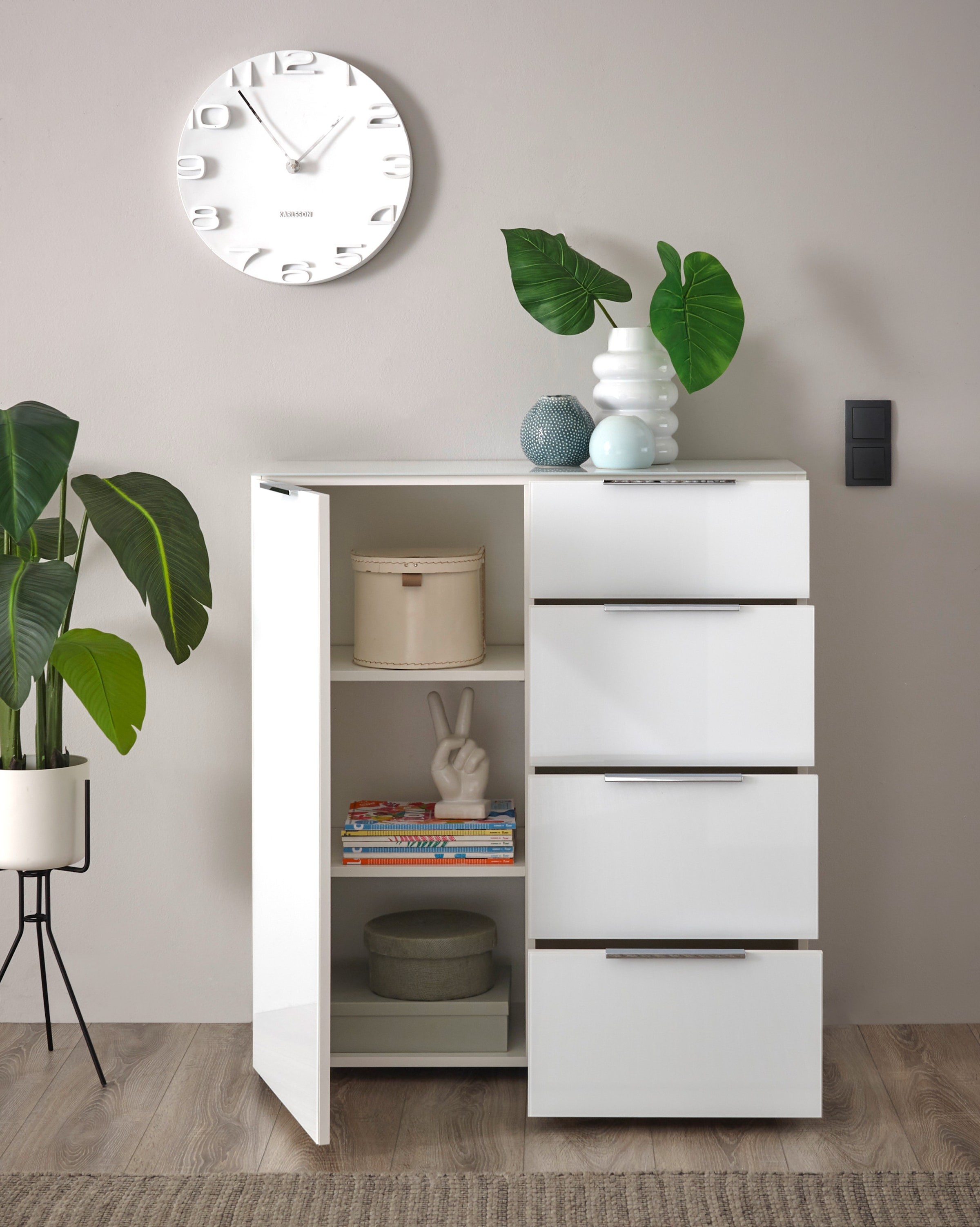 HBZ Sideboard »Santorin Mehrzweckschrank-Universalschrank, BxHxT 90x99x40 cm« 1 Stk. tlg. Mit 1 Tür und 4 Schubkästen mit Softclose, Glasfront und Glasoberboden
