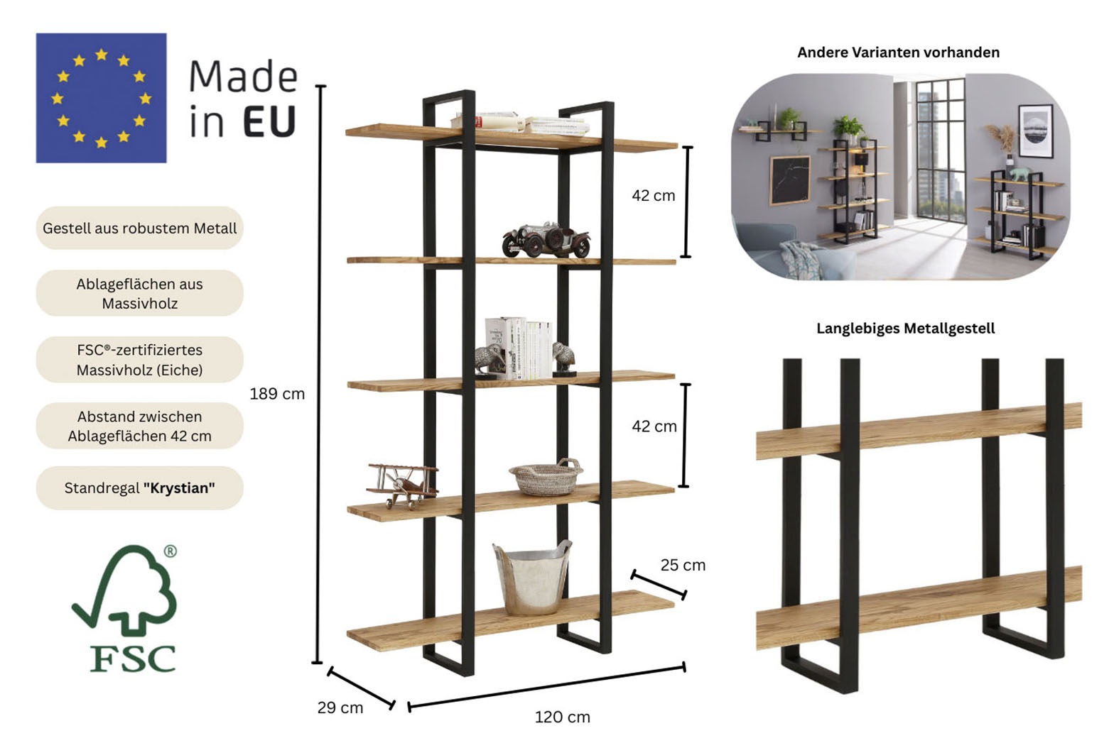 Home affaire Regal »Krystian« Maße (B/T/H) cm: 120/29/189,  Raumteiler, Ablagen aus Eichenholz, Gestell aus robustem Metall