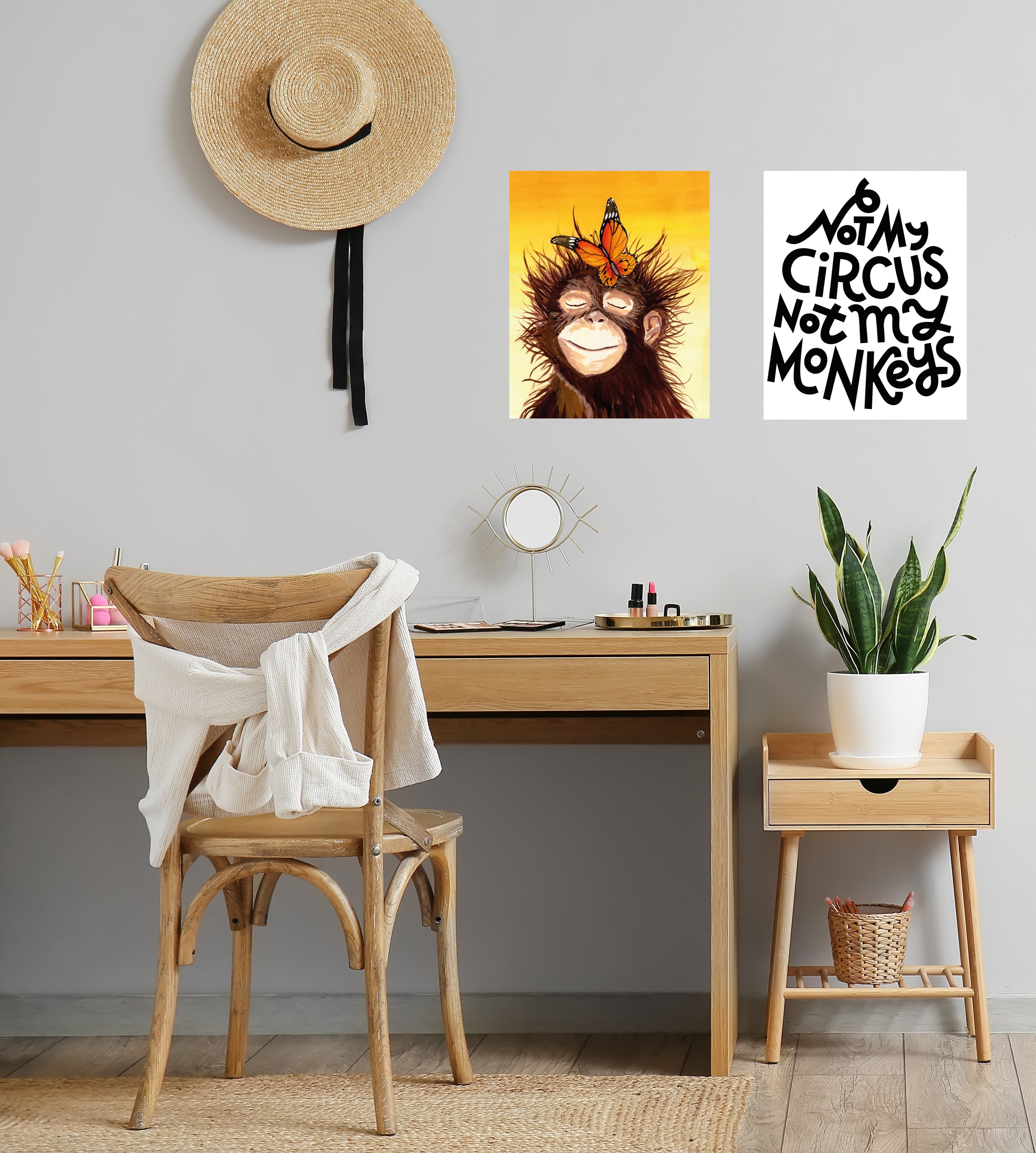 my home Poster »Affe mit Schmetterling - Circus Poster Set«, Affen-Affenbilder-Tiere-Schmetterlinge-Schriftzug-Schriftzüge-Sprüche & Texte, (2er-Set), 2er-Set - Witziger Text und Spruch mit Affe
