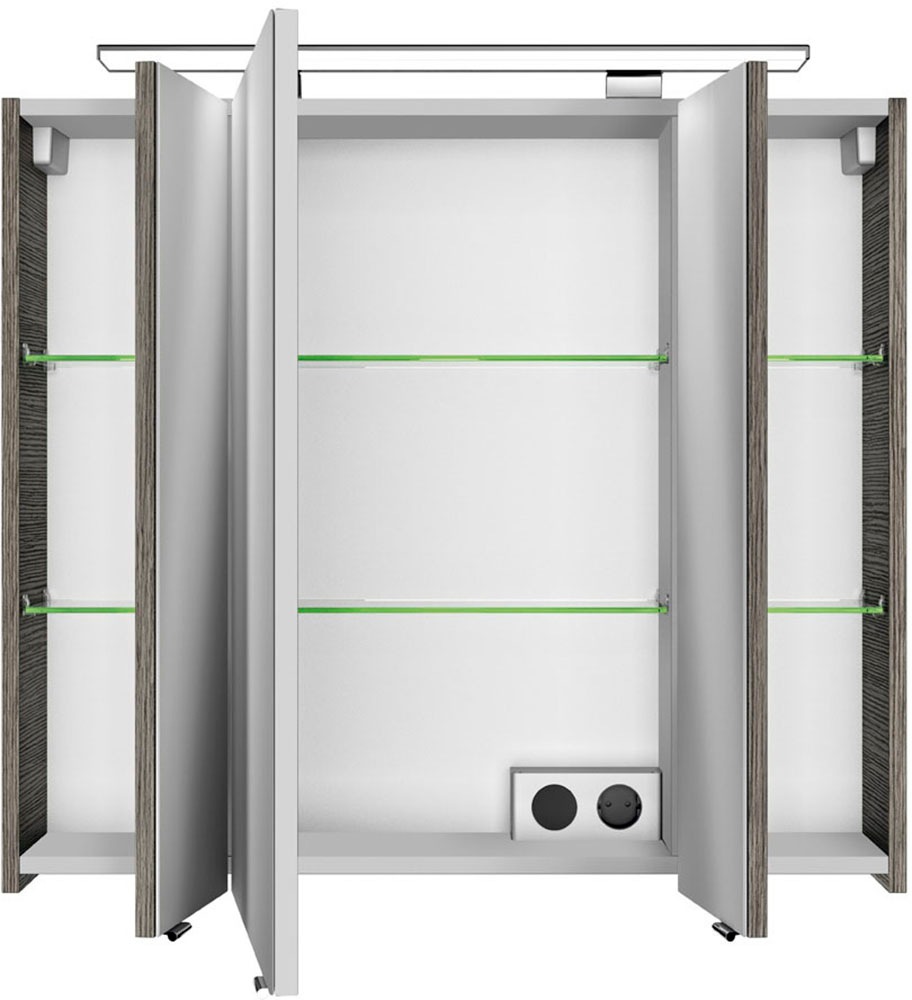 Saphir Badezimmerspiegelschrank »Serie 4010 Badezimmer-Spiegelschrank inkl. LED-Aufsatzleuchte«, Badschrank 80 cm breit, 3 Türen, 6 Glas-Einlegeböden, inkl Türdämpfer