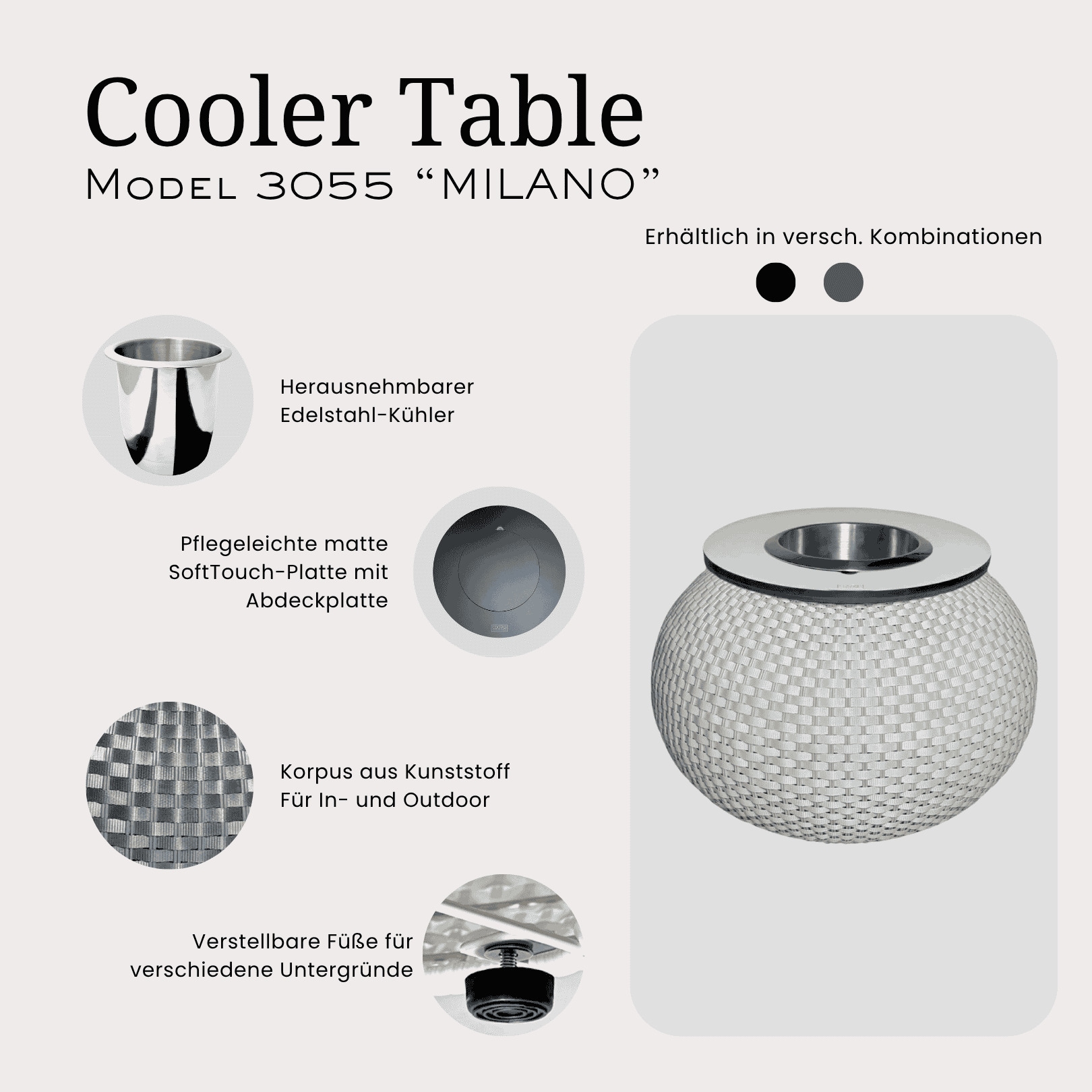 COOTAB Cooler Table Beistelltisch »Beistelltisch mit Edelstahl-Kühler Milano 40 cm« 1 Stk. tlg.