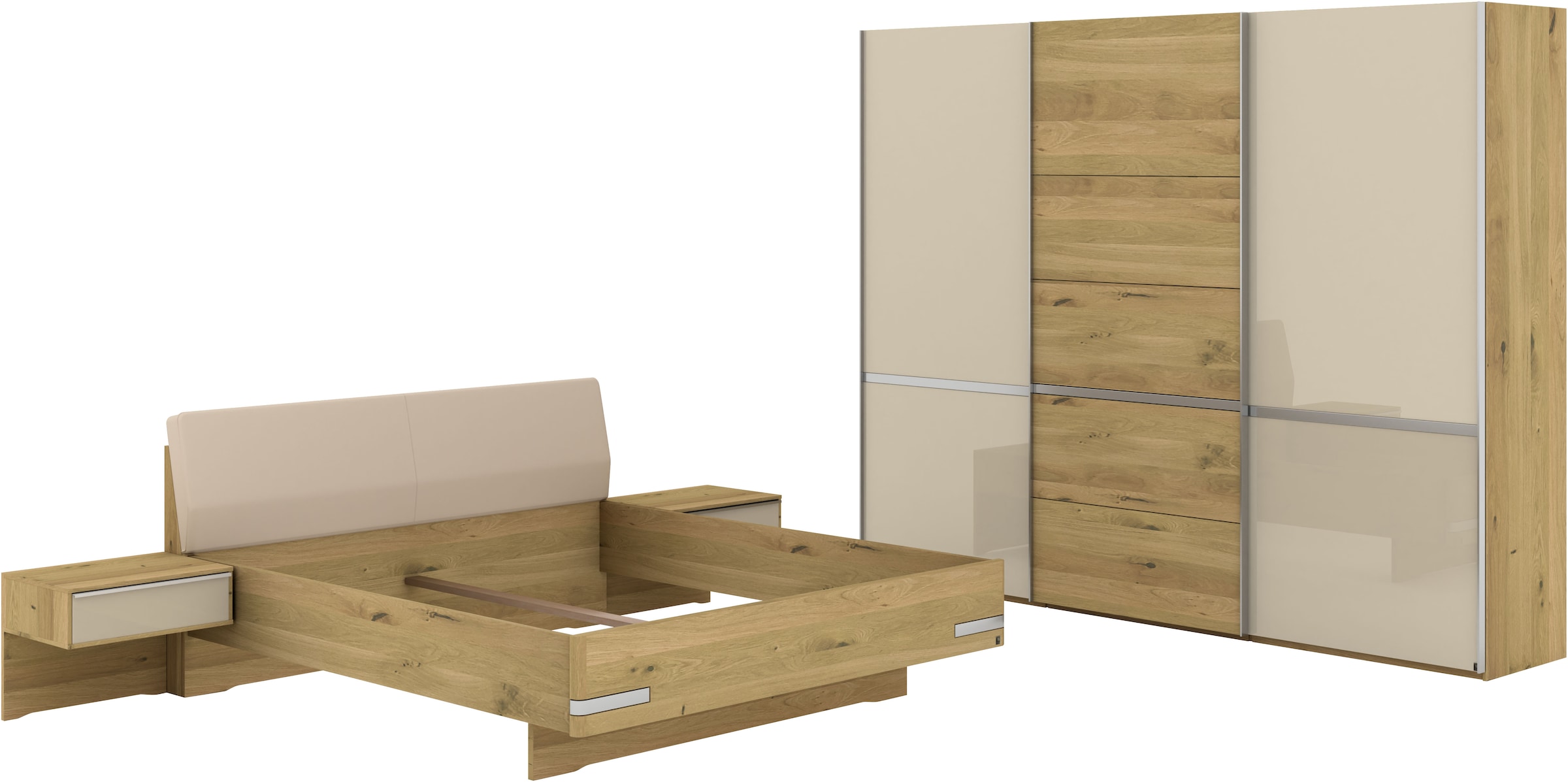 Musterring Schlafzimmer-Set »Savona, Kleiderschrank, Bett & Nachtkommoden, teilmassiv Bianco-Eiche«, (2er-Set Nachtschränke, Schwebetürenschrank, Bett 180x200 cm), Kopfteil Bett Kunstleder Champagner, Schrank mit Eiche- und Glastüren