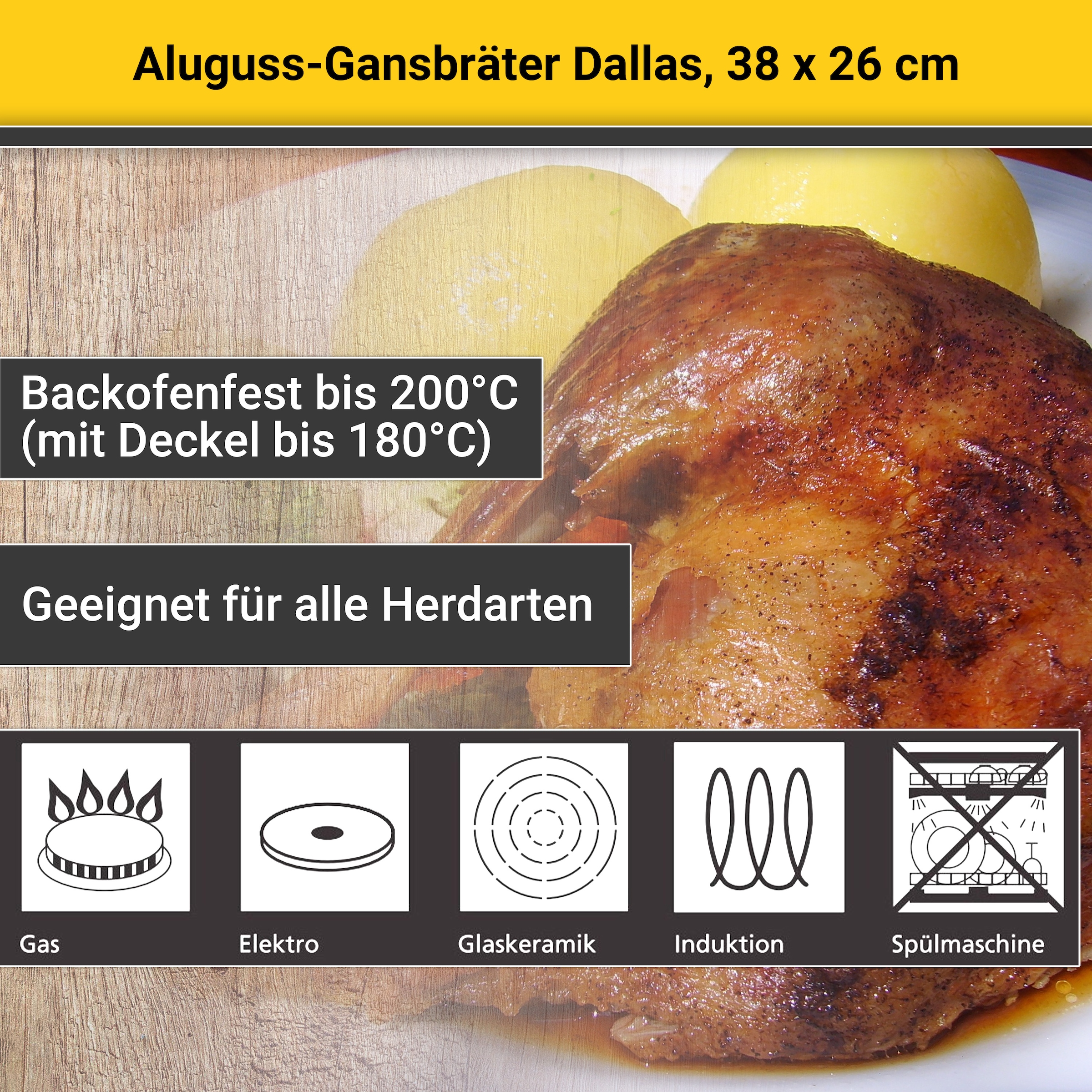 Krüger Bräter »Aluguss Gansbräter mit Glasdeckel und Aromaknopf Dallas, 38 x26 x13 cm«, Aluminiumguss, (1 tlg.), für Induktions-Kochfelder geeignet