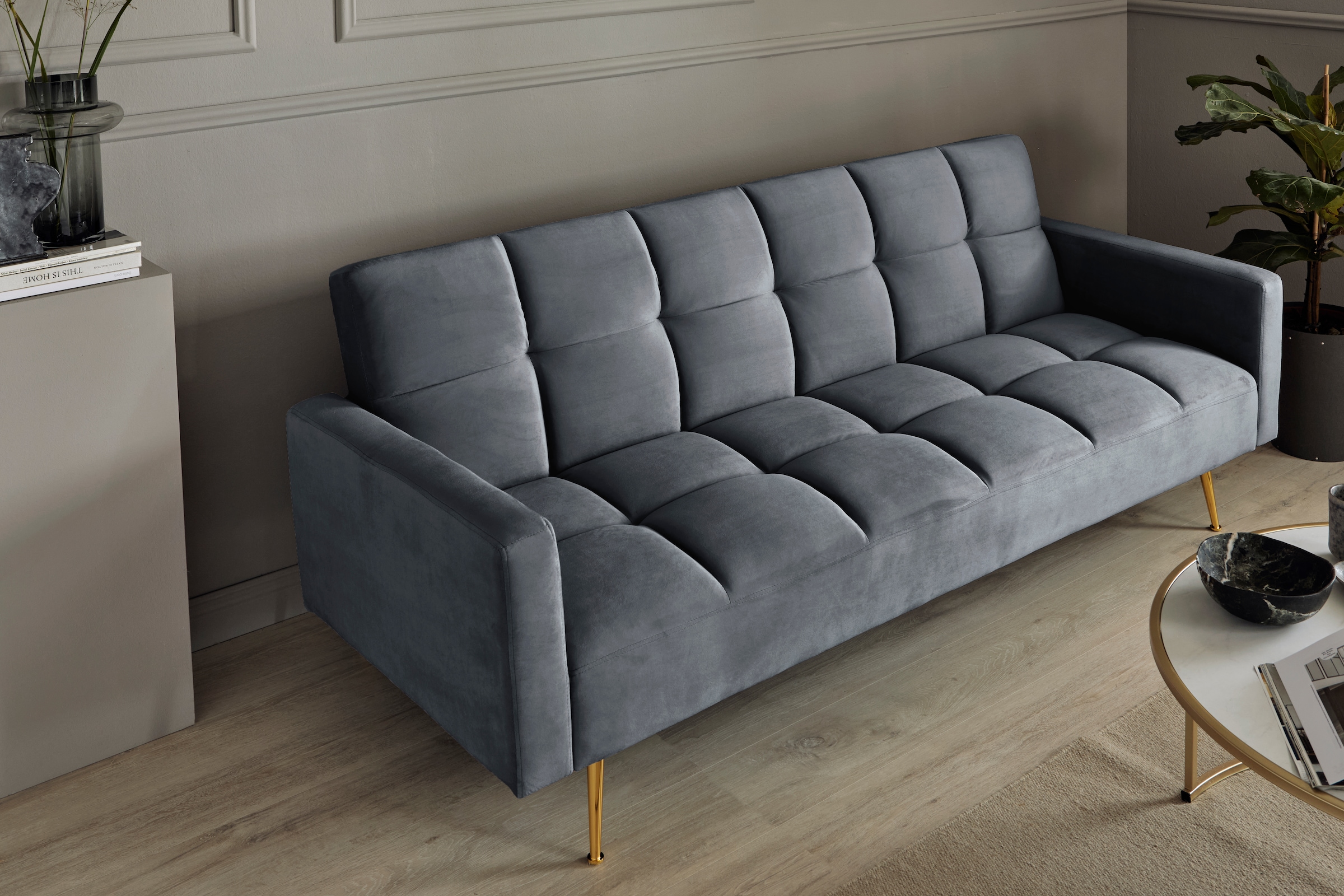 Jahnke Schlafsofa »CHILLAX POSH« mit Schlaffunktion, edler Samtstoff & Füße im Gold-Look, Breite 213 cm