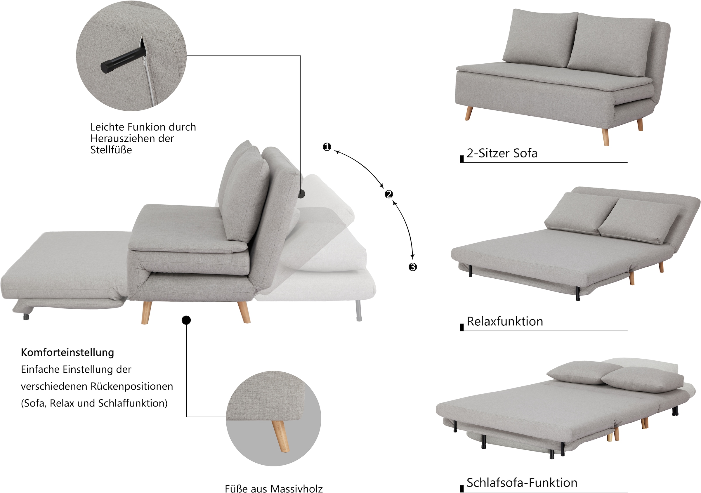 INOSIGN 2-Sitzer »AINSLEYSLEEPL«, Verstellbare Rückenlehne und Sofa mit Bettfunktion
