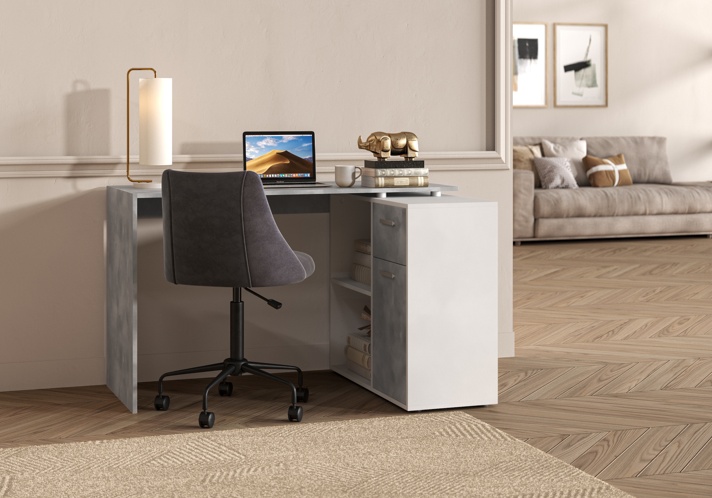 FMD Eckschreibtisch »AUGSBURG«, Schreibtisch/Sideboard m. Stauraum, beidseitig montierb., 117/148 cm