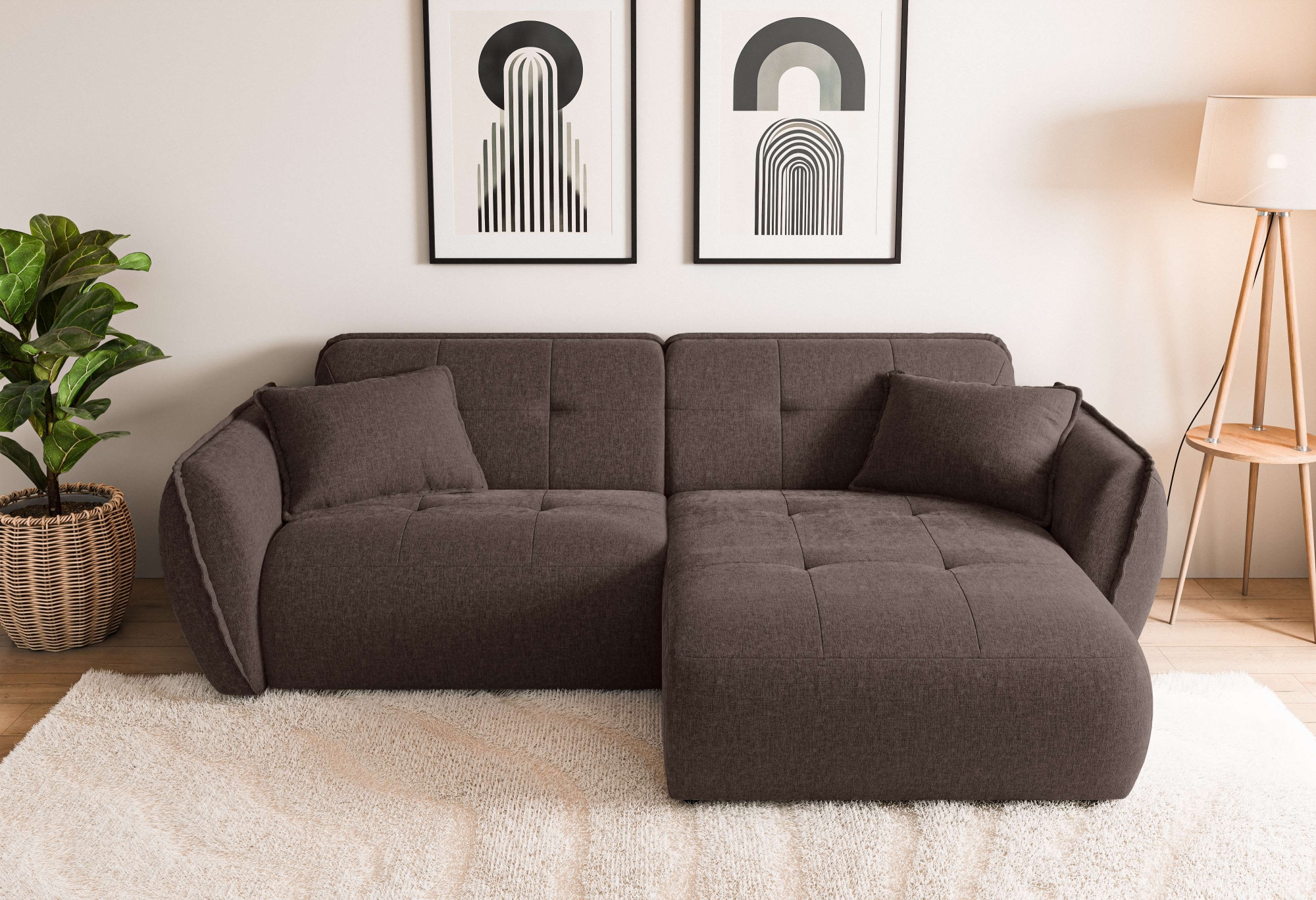 Home affaire Ecksofa »MIRELDA L-Form mit Steppungen, Recamiere rechts/links, Breite 253 cm« elegant und bequem, enthält 2 Zierkissen, belastbar bis 480kg