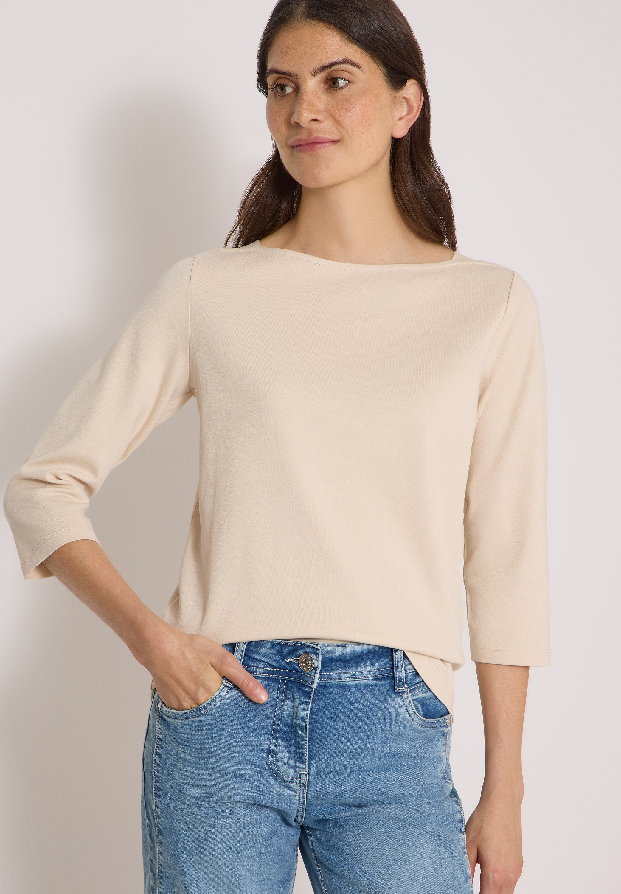 Cecil 3/4-Arm-Shirt U-Boot-Ausschnitt, unifarben, Baumwolle